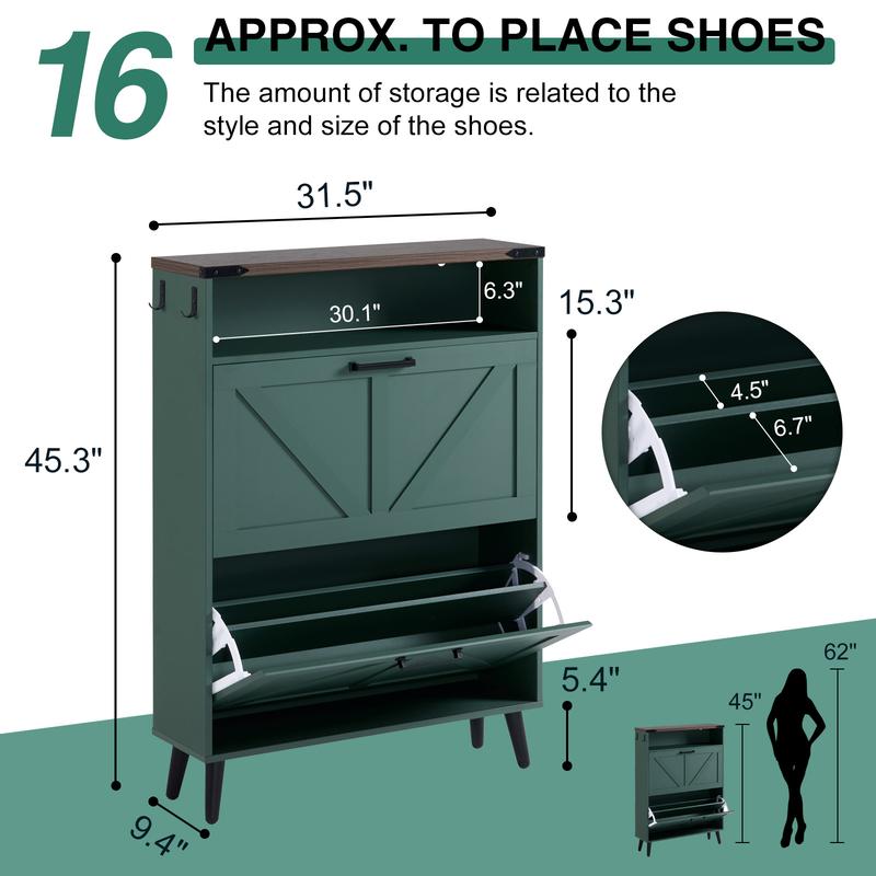 PieDle Furniture Shoe Storage Cabinet,Farmhouse Shoe Organizer with 2-4 Flip Drawers & Barn Door Design,Freestanding Hidden Slim Narrow Shoe Rack Cabinet with Open Storage for Entryway, Foyer,Hallway