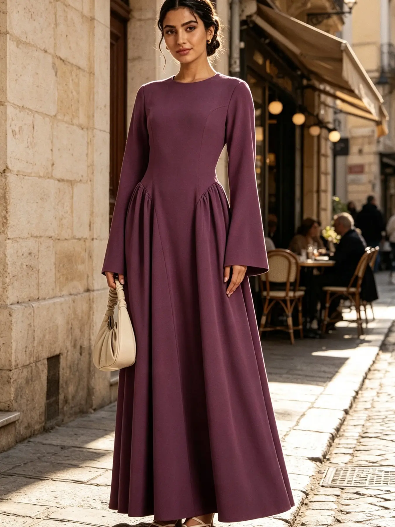 New Muslim Women's Elegant Round Neck Long Sleeve Dress, Pleated A-Line Conservative Long Dress, Chic Office Party Gown, Modest Muslim Clothing