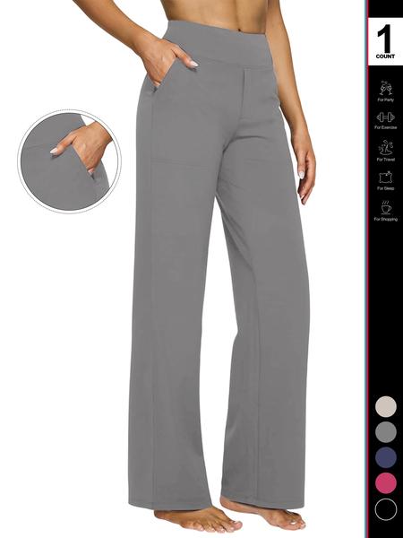 Women's High Waist Yoga Pants with Pockets, Fitted Wide Leg Sportswear, Casual Elastic Dress Pants for All Seasons  Yoga Pants Women Wide Leg Activewear Pants with Pockets High Waist Stretch Dress Casual Sweatpants Breathable Activewear Bottoms