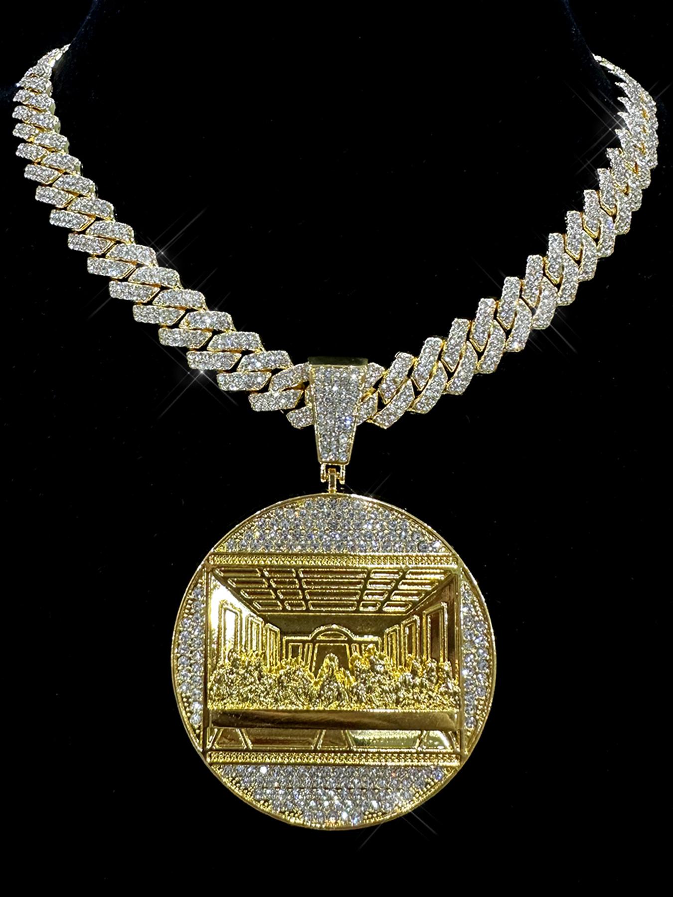 2Pcs/3Pcs Hip Hop Last Supper Pendant Big Jesus Iced Out Golden Cuban Link Design Charm Necklace Fashion for Men Gift for My Men Hip Hop Accessory