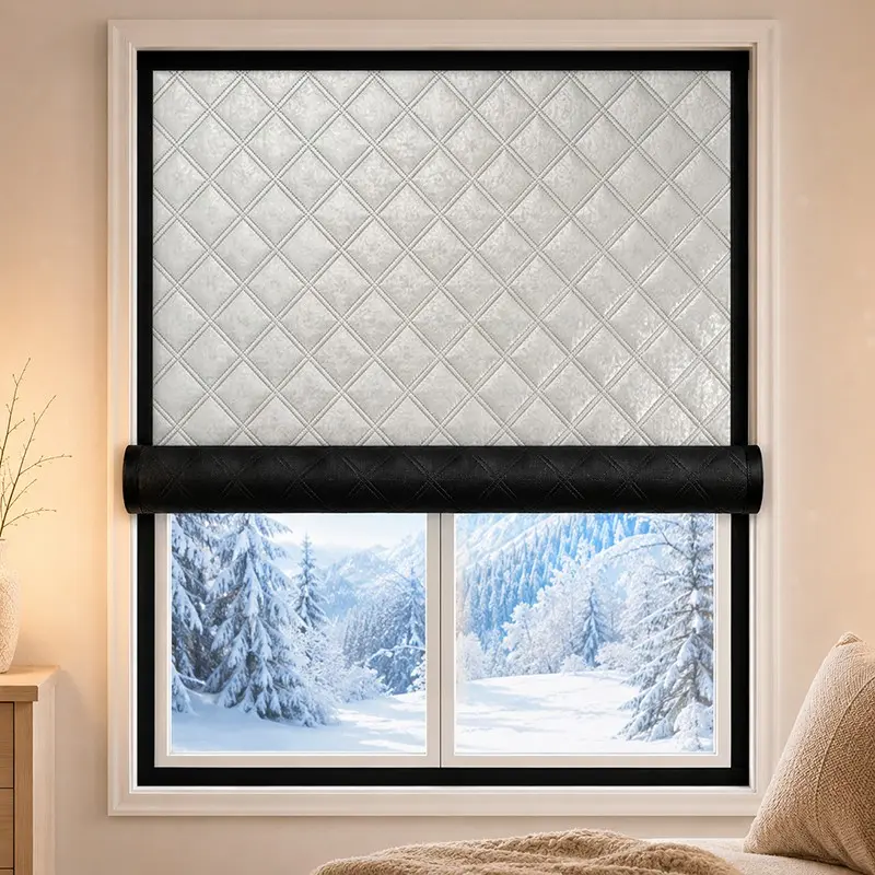 Winter Thermal Insulated Window Curtain, Adhesive Curtains, 3-Layer Quilted Reflective Aluminum Foil & Cotton Panel, Self-Adhesive Hook-and-Loop No-Drill Installation, Light-Blocking Draft Stopper for Bedroom