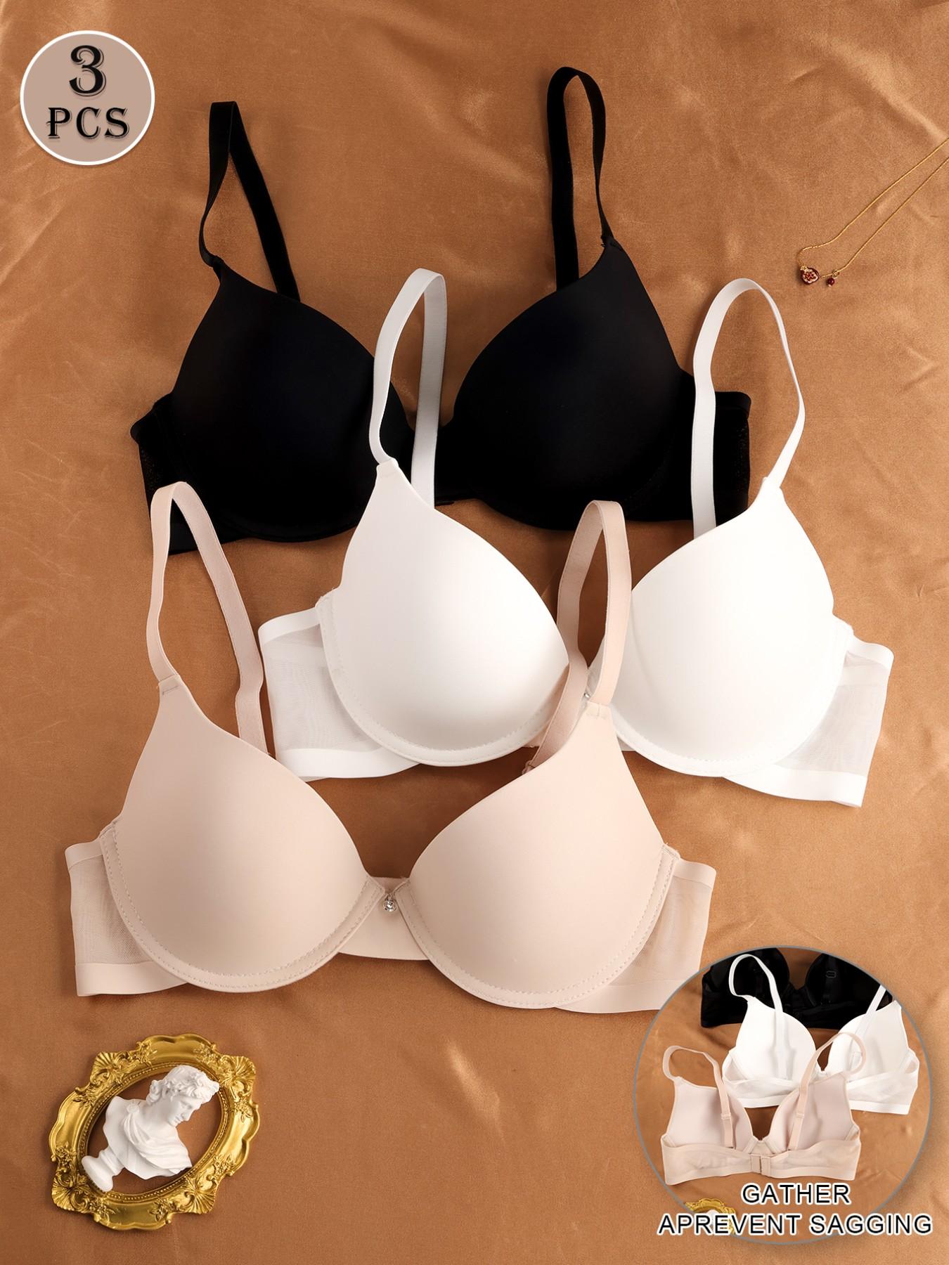 💥3 Pack Women's Full Coverage Seamless Smooth Underwire Bras, Push Up Side Support Anti-Sagging Shaping Fit Bra, Breathable Mesh Wings Adjustable Straps, Skin-Friendly No Pinch Daily Wear Classic Elegant 3 Colors Everyday Bras✨