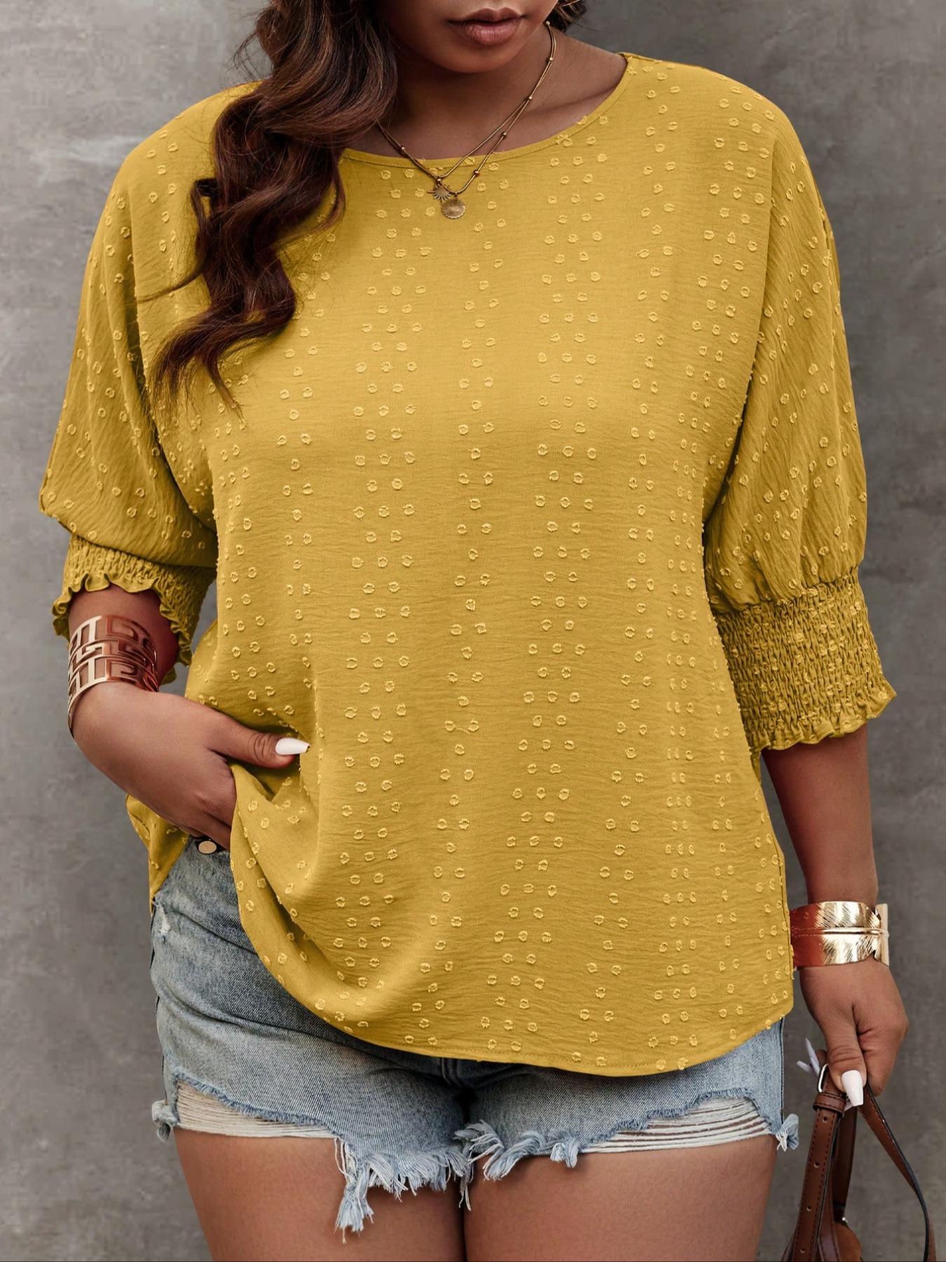 【 Plus Size】 Solid Embroidery Blouse, Casual Basic Round Neck Top for Daily Wear, Women's Clothing for All Seasons, Womenswear