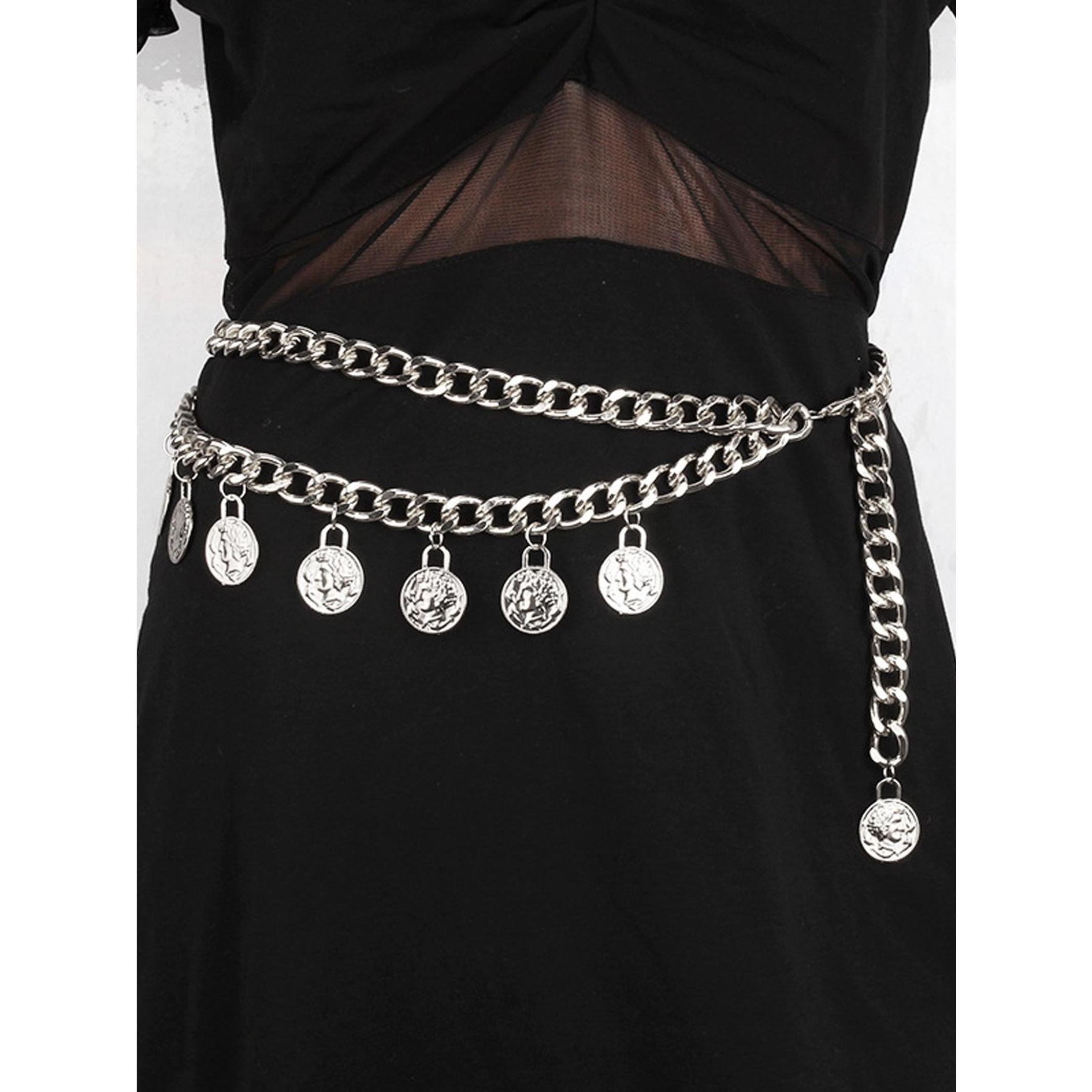 Gold Coin Belt Pirate Coin Metal Belt Chain Waist Chain for Women Fashion Plus Size Gold Waist Chains Waist Belts Layered Body Chain Pirate Waist Chain Jewelry for Women Chunky Trendy Belly Belts for Women  Dress Pirate Costume Women Accessories