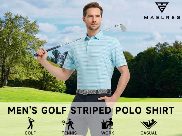 M MAELREG Golf Shirts for Men Short Sleeve Dry Fit Striped Performance Lightweight Moisture Wicking Collared Casual Golf Polo