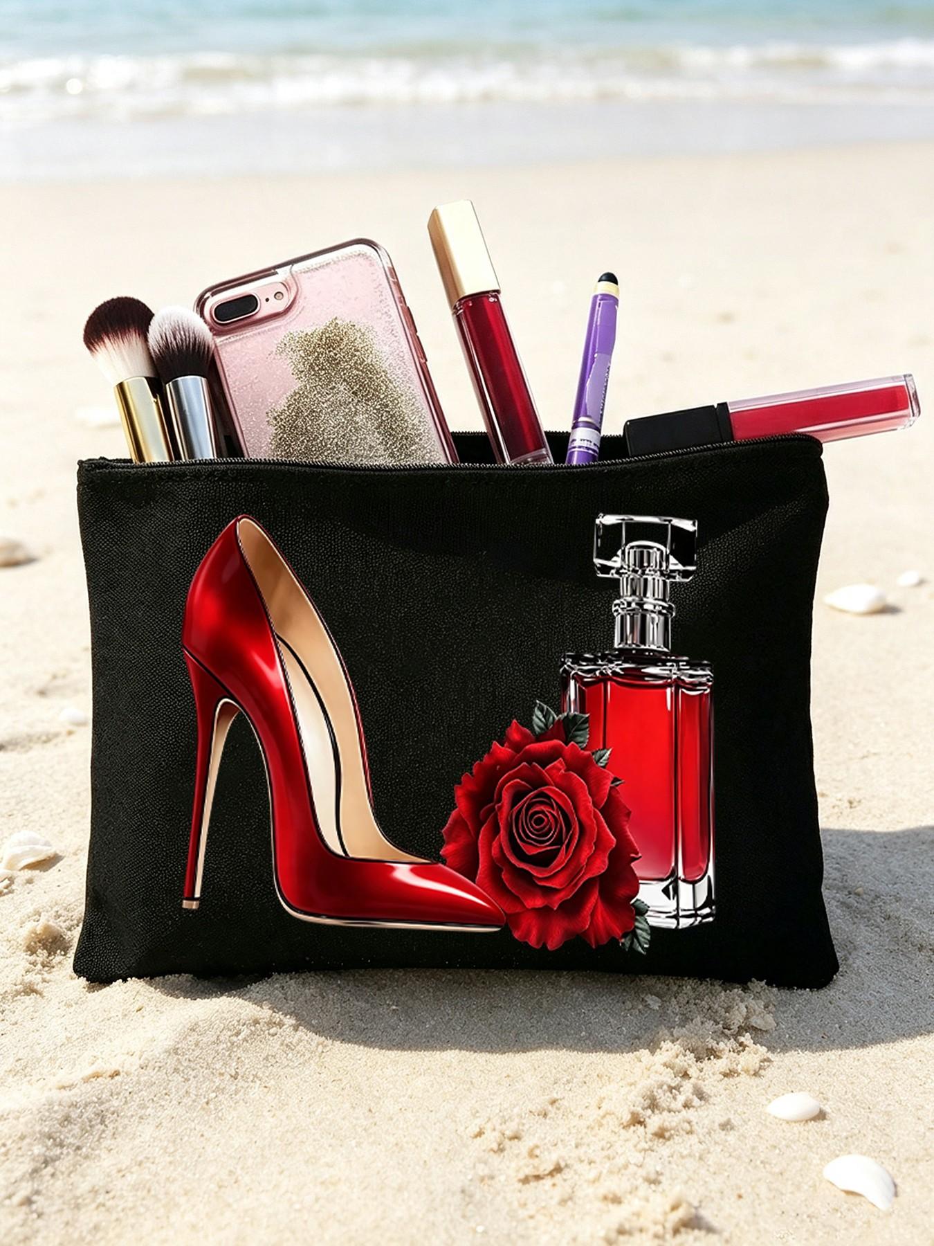 Fashion Aesthetic Canvas Tote Bag Set for Women, Heels Rose Perfume Print, Large Capacity Shoulder Bag & Cosmetic Pouch, Reusable Handbag