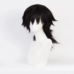 Anime Tomioka Giyuu Cosplay Wig Long Black Ponytail Shaggy Layered Styling Wig Heat Resistant Synthetic Wigs Halloween
