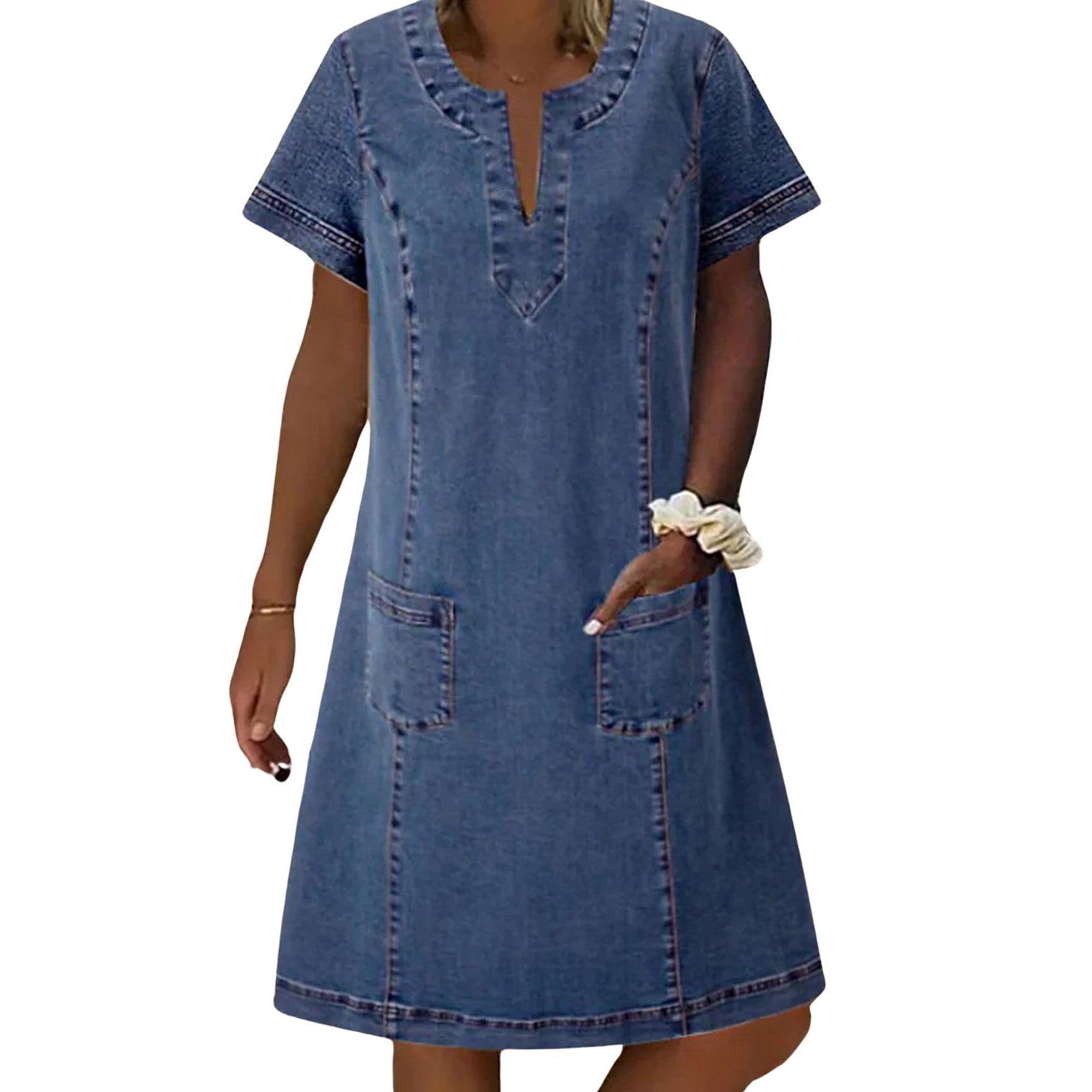 CHARTOU women's summer V-neck denim dress, loose denim short sleeved dress with pockets