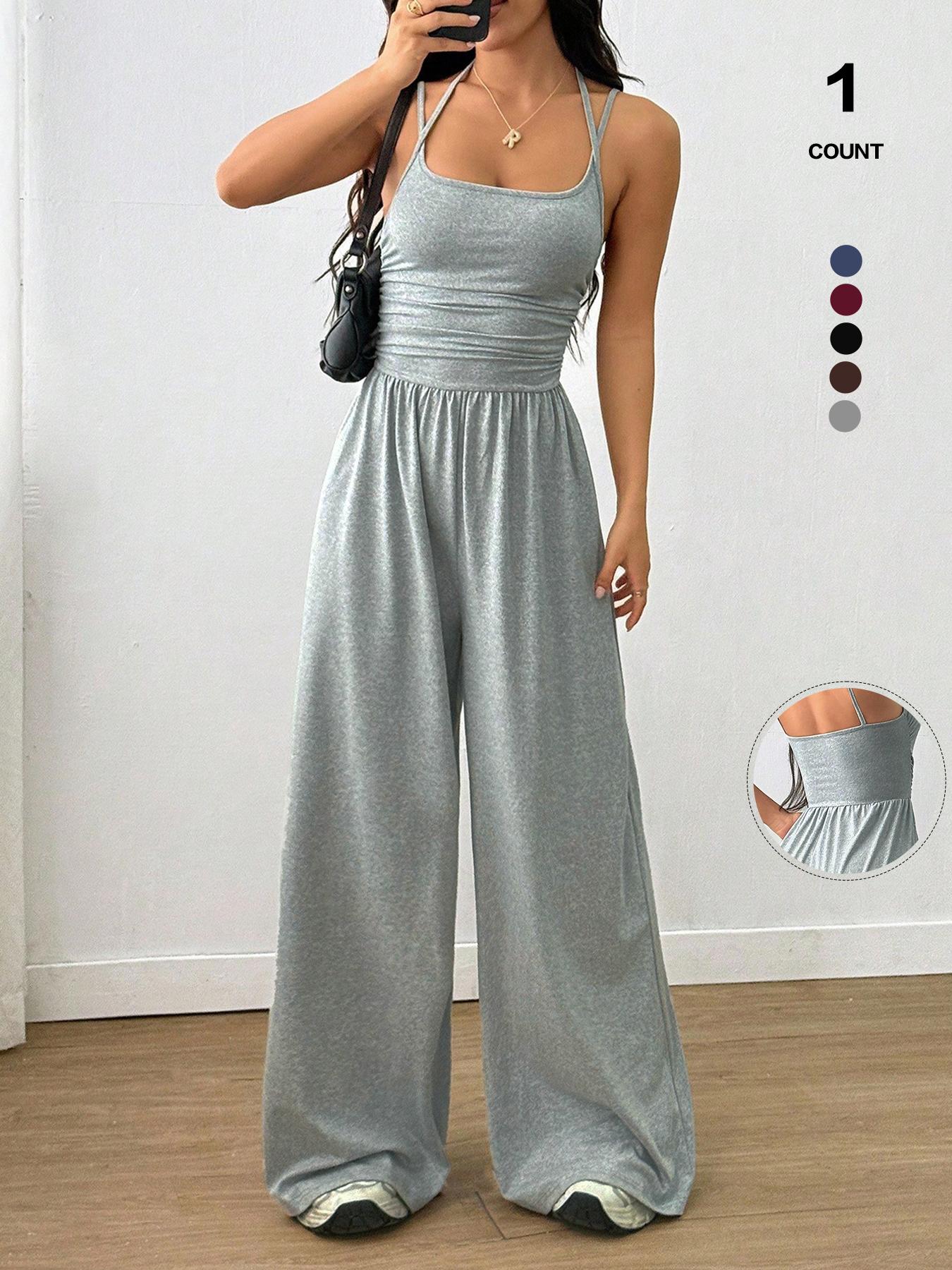 Women's Sleeveless Jumpsuit, Pleated Waist Wide-Leg Pants, One-Piece Sexy Backless Design, All Seasons Fitted Organic Textile