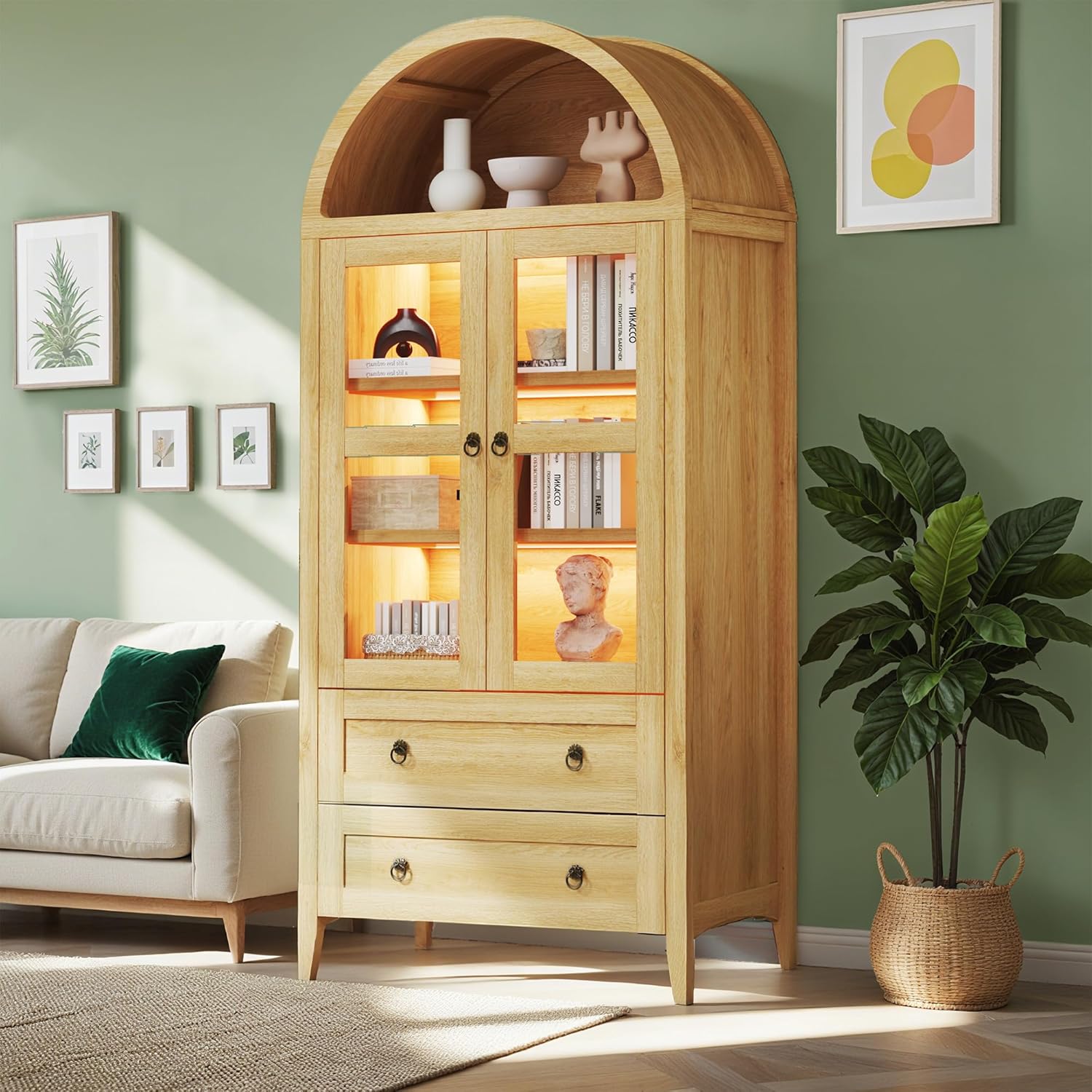 71" Tall Arched Kitchen Pantry, Pantry Cabinet, Kitchen Storage Cabinets with 2 Large Drawers & Adjustable Shelves & Glass Door for Living Room,Dining Room, Natrual 71" Tall Arched Kitchen Pantry, Pantry Cabinet, Kitchen Storage Cabinets with 2 Large Drawers & Adjustable Shelves & Glass Door for Living Room,Dining Room, Natrual