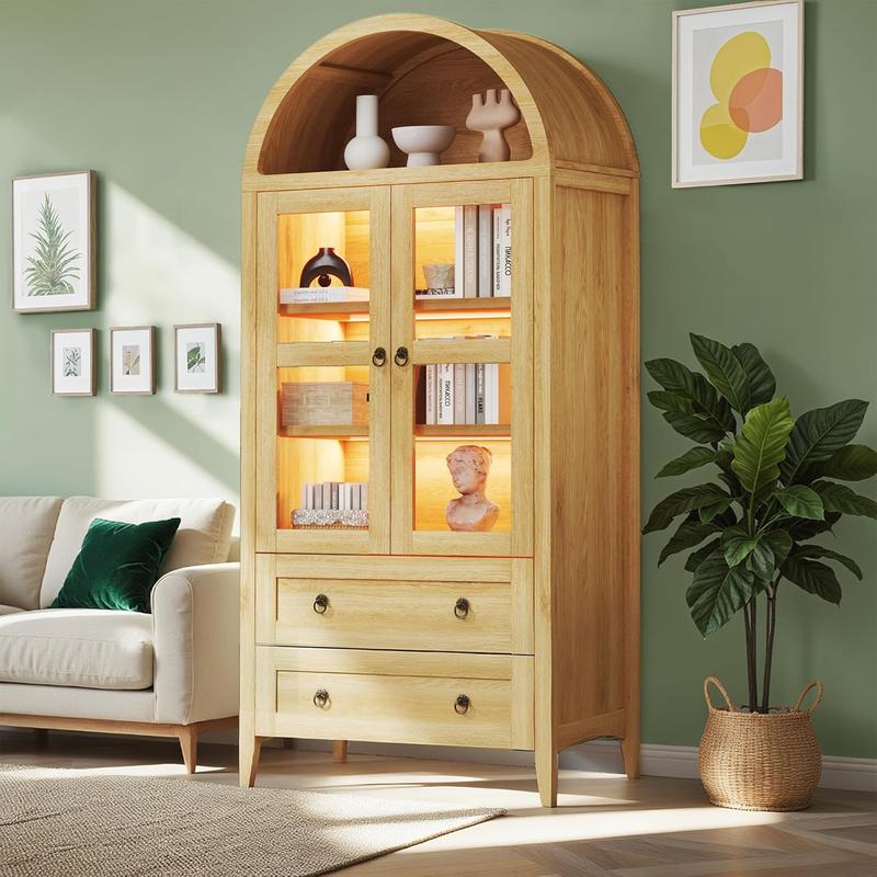 71" Tall Arched Kitchen Pantry, Pantry Cabinet, Kitchen Storage Cabinets with 2 Large Drawers & Adjustable Shelves & Glass Door for Living Room,Dining Room, Natrual