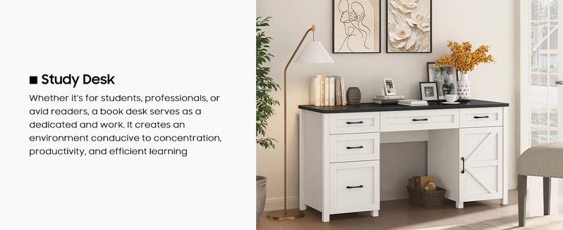 Vabches Farmhouse 61'' Executive Desk with 5 Drawers, Rustic Office Desk Computer Desk with Charging Station, File Drawers and Storage Cabinet, Wood Workstation for Home Office and Study