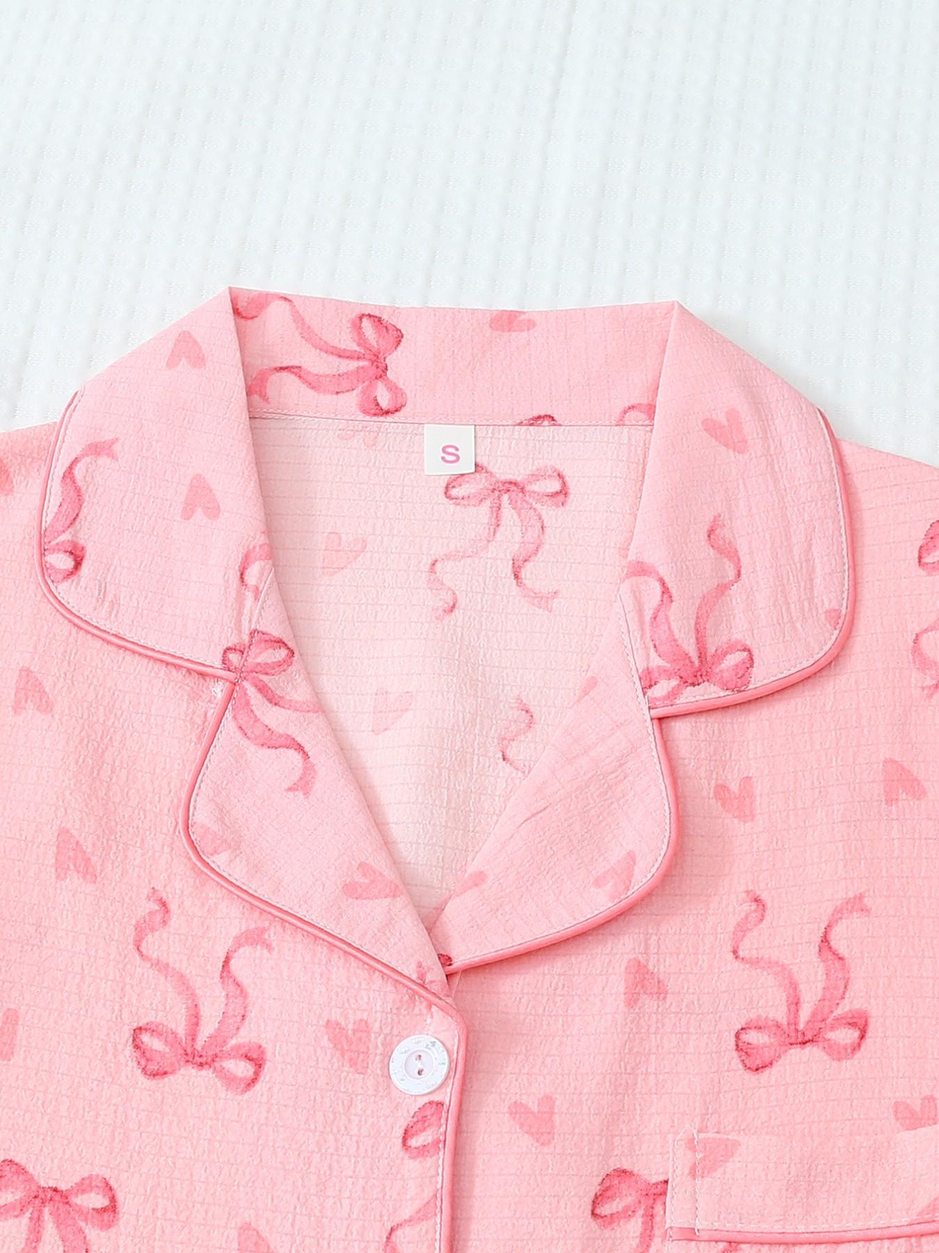 Women's Short Sleeve Button Down Top and Shorts Pajama Set, Spring Summer Wear, For French Gentle Style Girls, Soft Pink With Bow & Heart Print, Classic Lapel Collar, Loose Fit, Comfortable For Home, Afternoon Tea & Short Trips