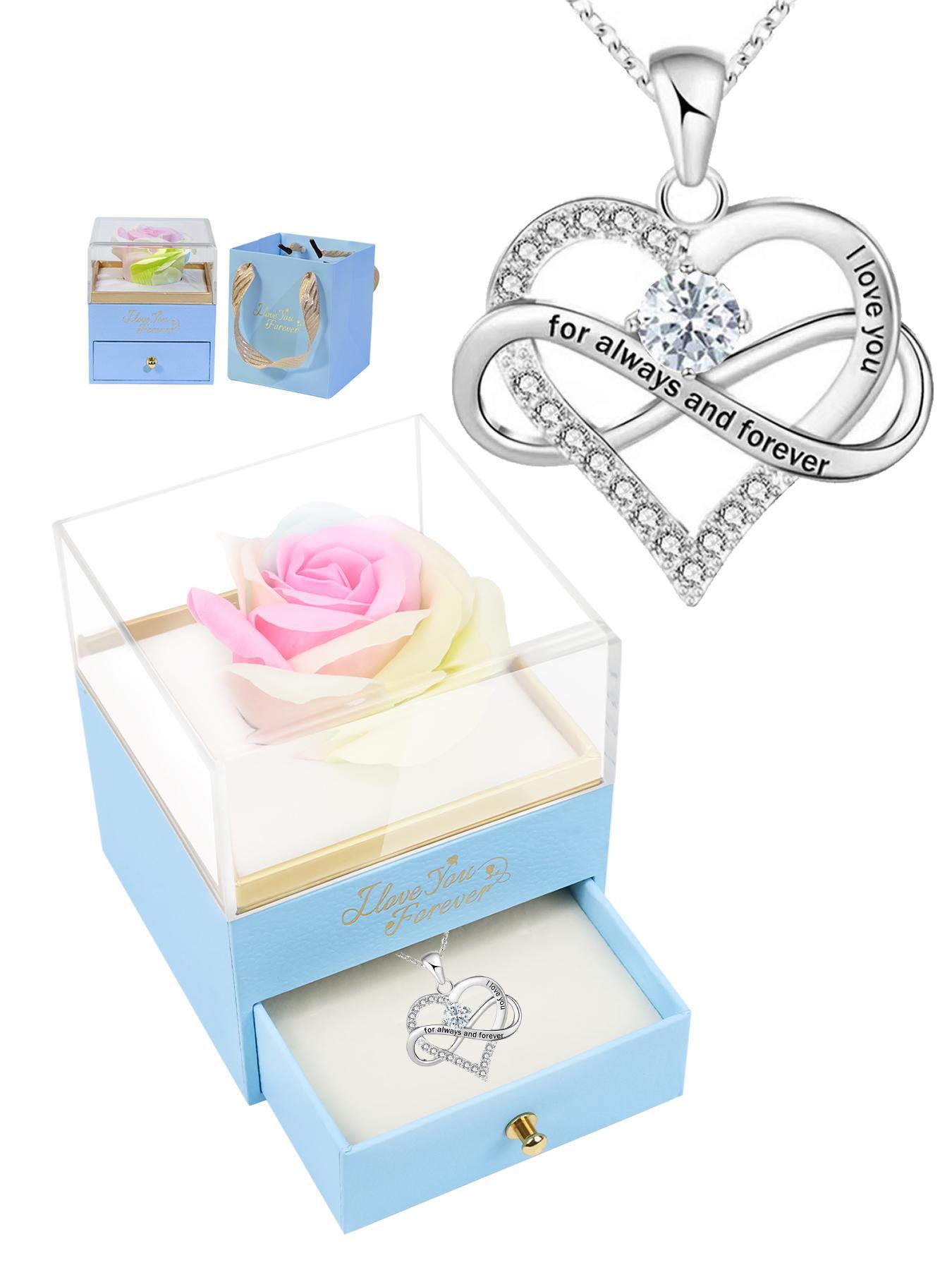 Women's heart-shaped infinity pendant necklace and rose gift box set, pendant engraved with 'I love you forever', stylish Mother's Day and Valentine's Day gift, women's jewelry gift, women's necklace, a gift for the most loved family members and lovers.