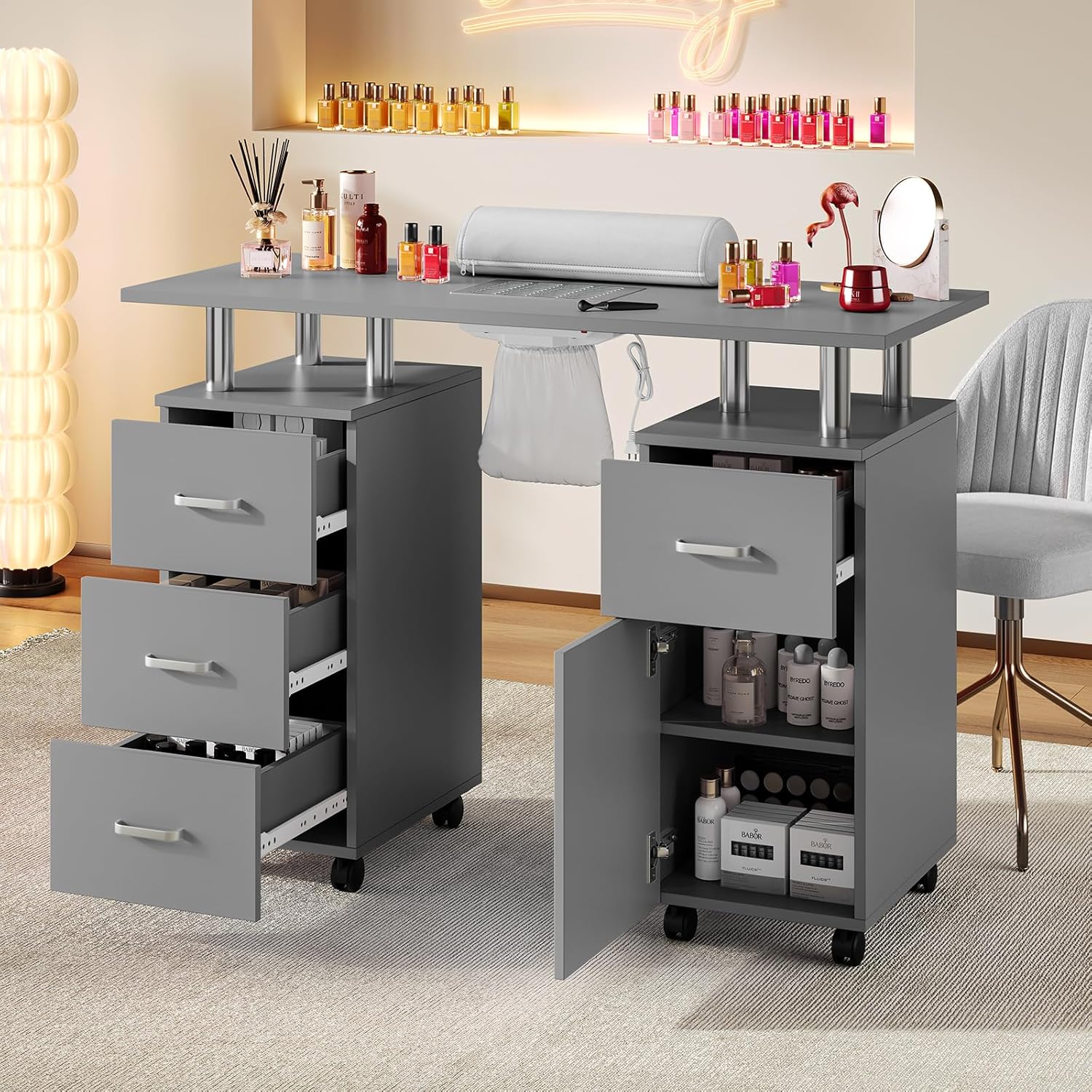 Professional Nail Desk with Electric Dust Collector, Nail Tech Table for Salon & Home Use, 4 Drawers Storage Cabinet, Lockable Wheels & Arm Rest