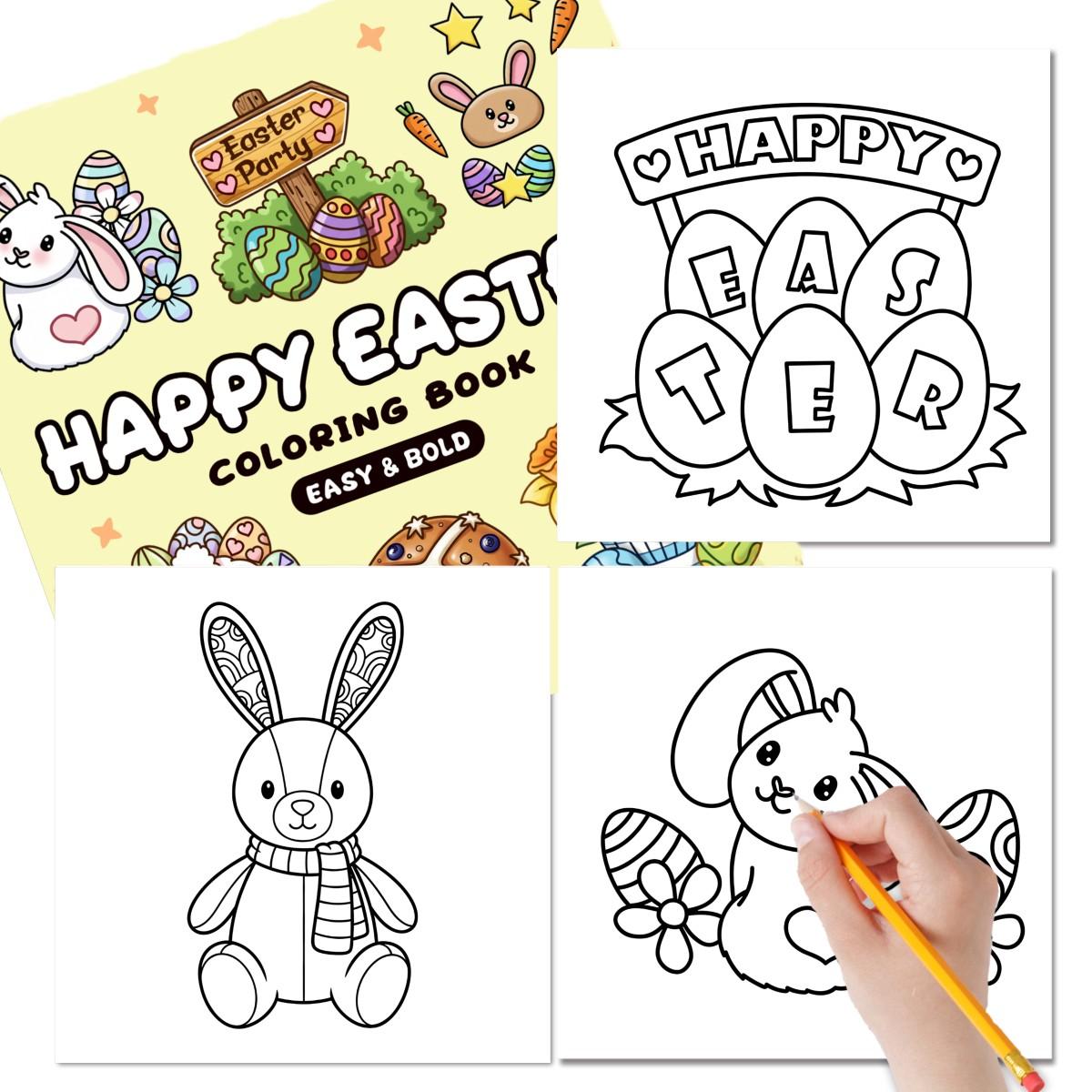 Happy Easter Coloring Book Theme, Cute Coloring Book, 24 Bold Stress-Relief Designs, 7.9in X 7.9in Perfect Size, Thick Paper, Gift for Adults Kids Teens