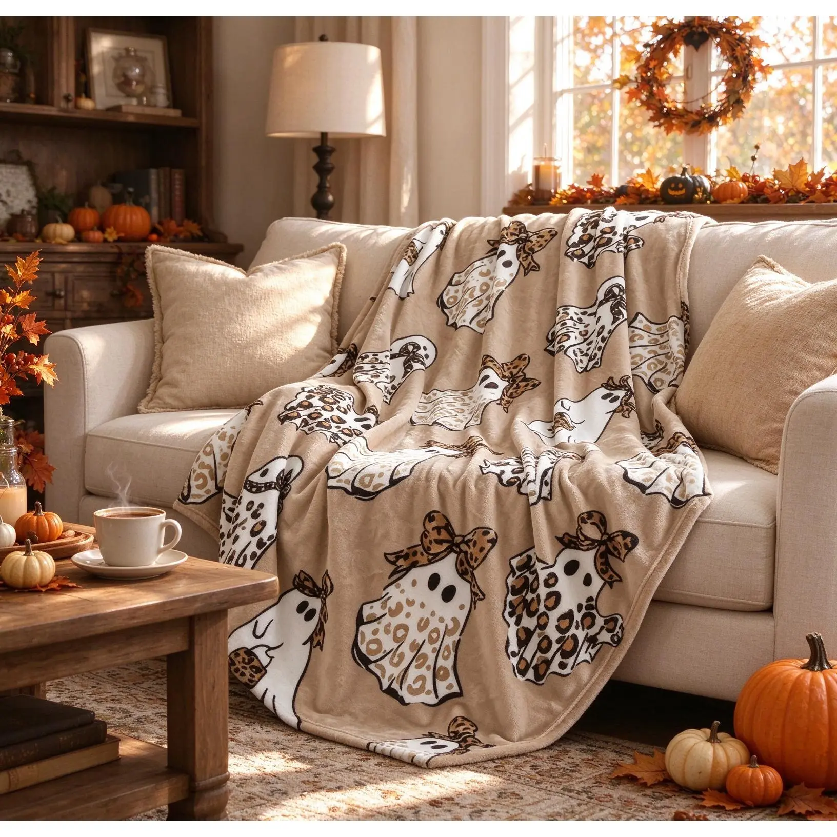 Hahafelt Halloween Cheetah Ghost Throw Blanket - Brown Leopard Cheetah Print, Soft Flannel Fleece, Wrinkle-Resistant, Cozy Spooky Animal Print, Halloween Element Home Decor, Adult Gift, Ghost Spooky Blankets, Animal Print Pattern Blankets