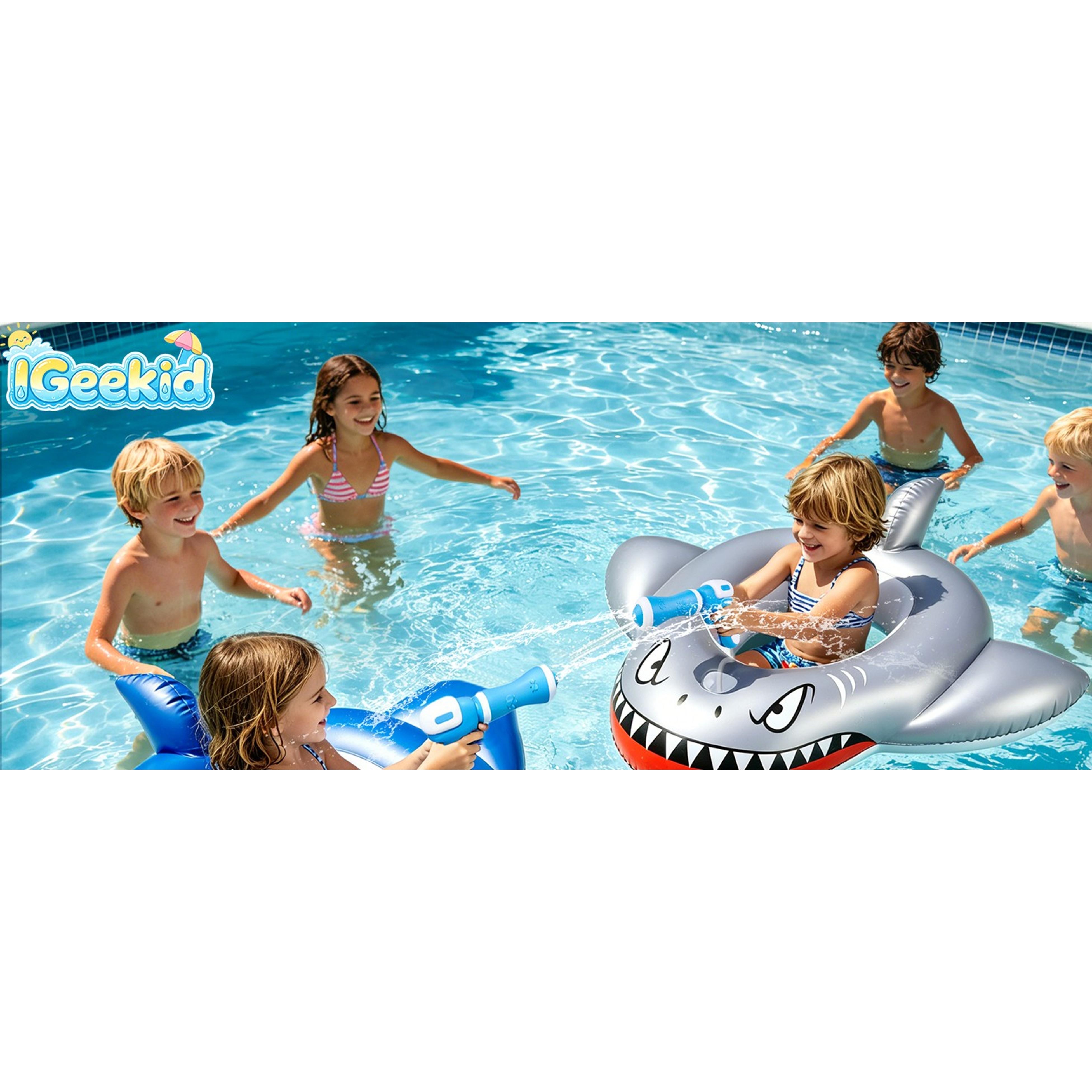 2 Pack Inflatable Shark Pool Floats for Kids 3-11 - Toddler Floatie with Safety Seat, 2 Water Squirt Guns, Ride-On Toy, Summer Outdoor Water Game