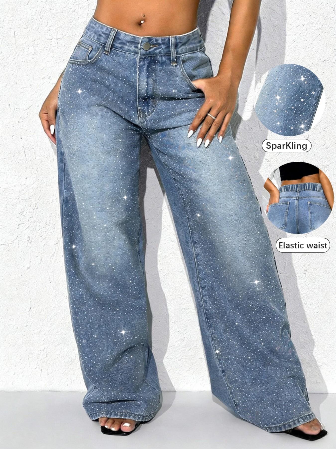 Women's Trendy Fashion Rhinestone Design New Elastic Comfortable Fitted Versatile Denim Jeans, Button, Pants, Elegant Style, All Seasons, Woven Fabric