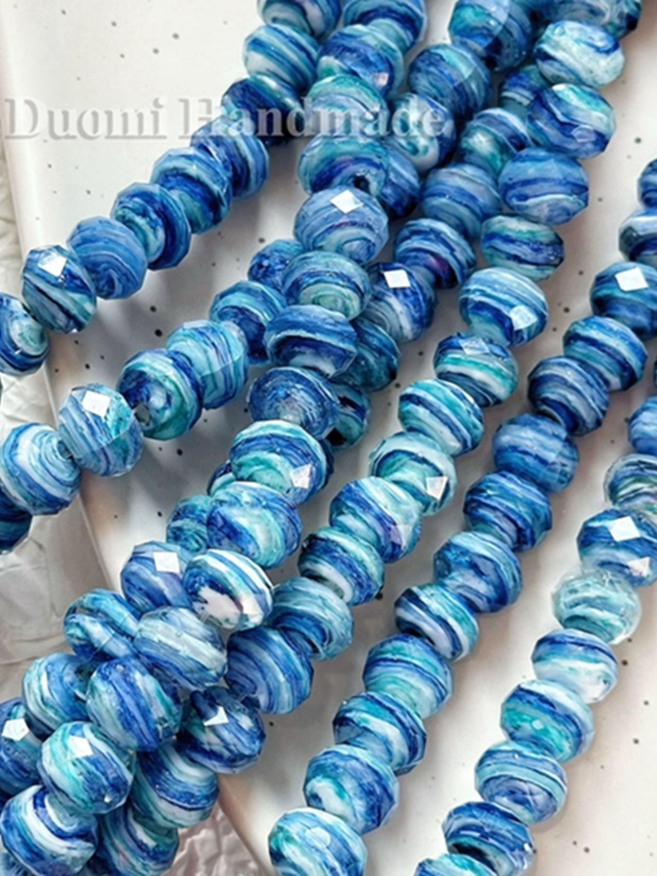 5pcs Blue Oil Painting Style Cut Glass Beads for DIY Jewelry Making, Ditsy Floral Pattern, Contemporary Design for Bracelets & Necklaces
