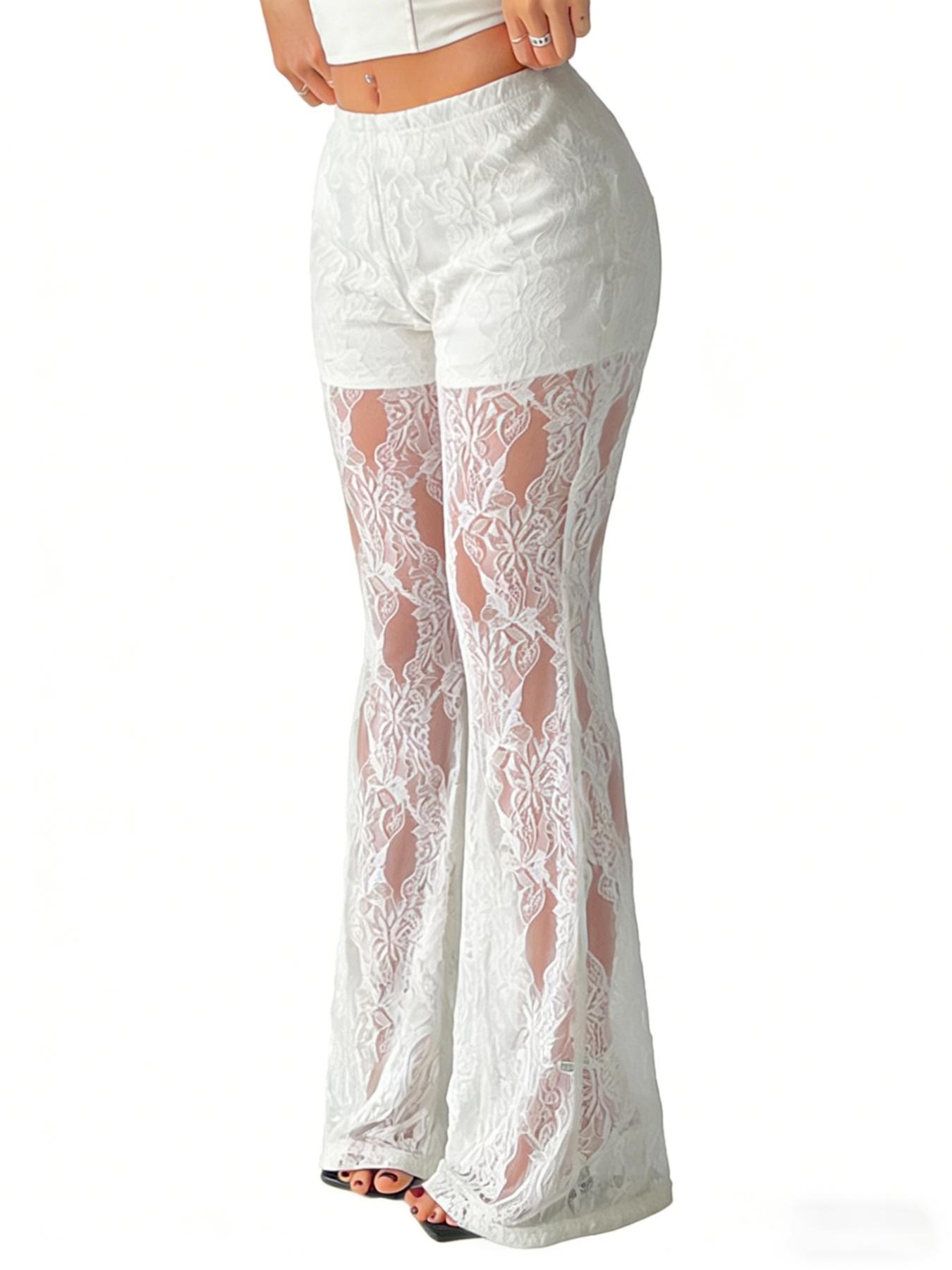 Women's Solid Lace Flare Leg Pants, Sexy Comfy  Bell Bottom Trousers for Daily Wear, Ladies Bottoms for Summer