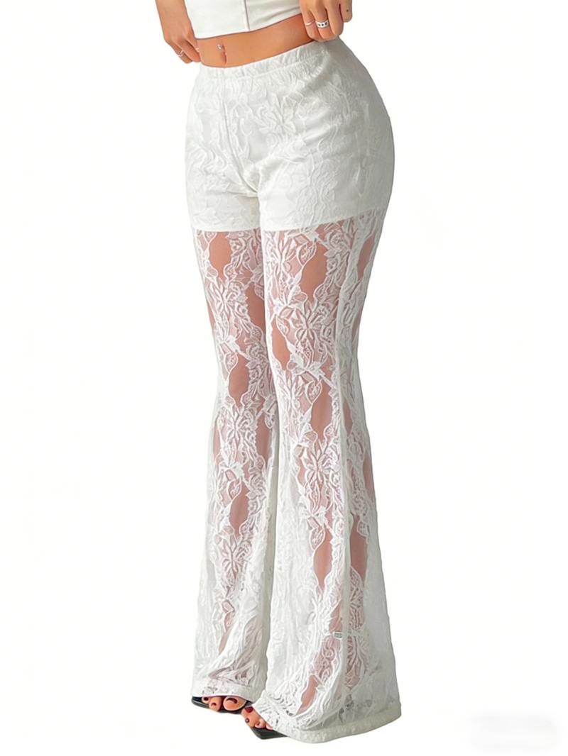 Women's Solid Lace Flare Leg Pants, Sexy Comfy  Bell Bottom Trousers for Daily Wear, Ladies Bottoms for Summer