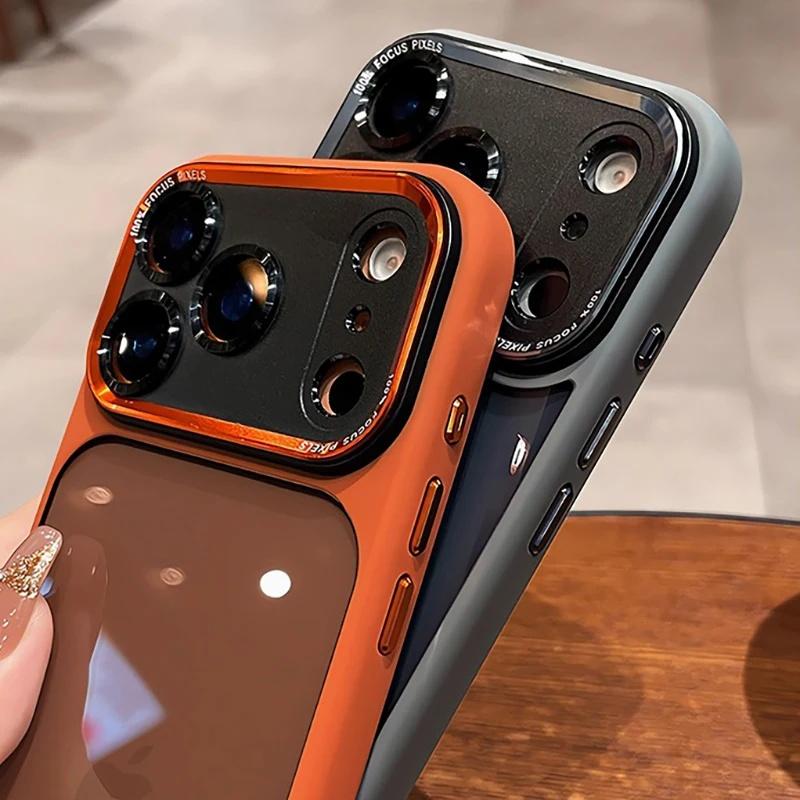 Luxury High-quality Translucent Metal Lens Frame Protective Case for iPhone 17 Pro Max ,17 Air ,17 Pro,17,16,16Pro,16 ProMax,15,15Pro,15 ProMax, 14 14Pro Max Simple and Stylish Case for Men Women Acrylic Hard Case,Minimalist Design, Premium Construction