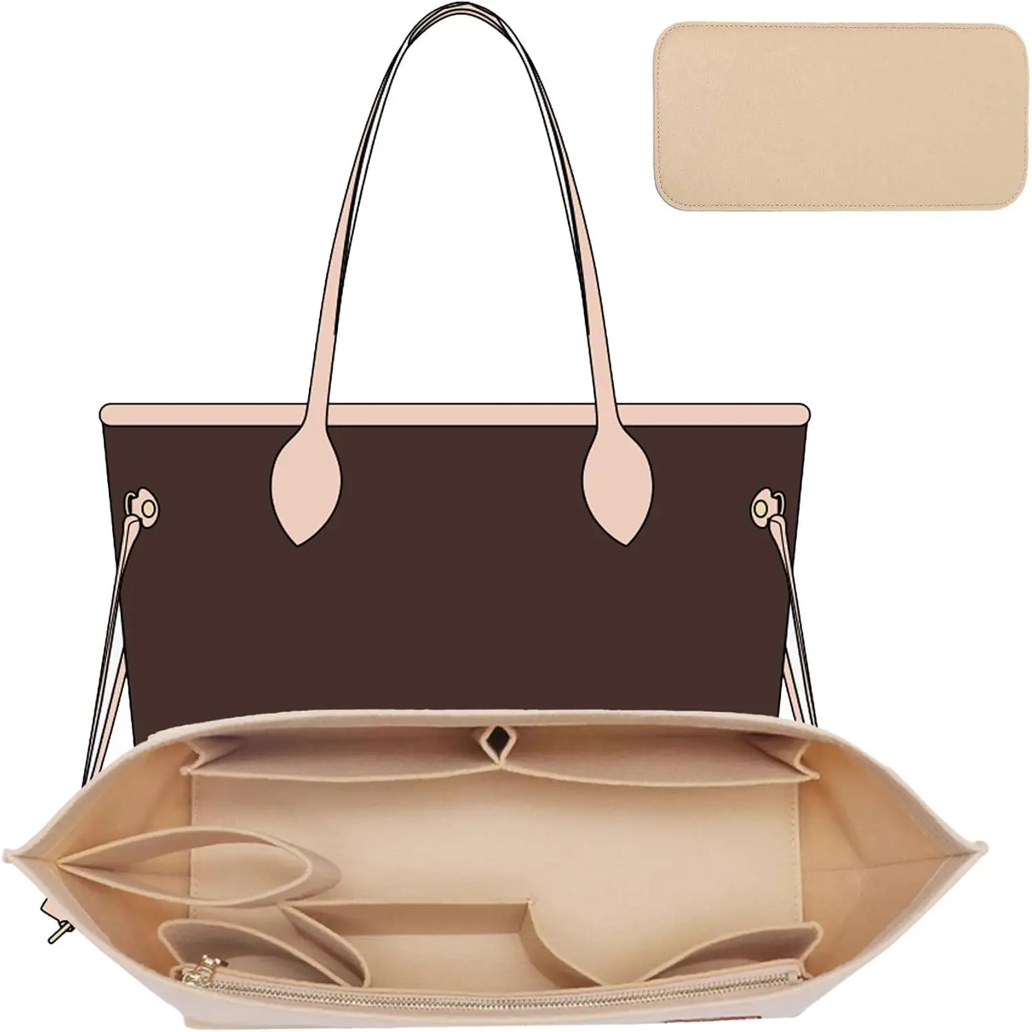 Tote Bag Organizer Insert with Base Shaper, Felt Neverfull MM Organizer, Purse Organizer Insert with Zipper Pocket and Bottle Holder, Fits Speedy 30 Neverfull MM Tote Handbags and ,Beige-L