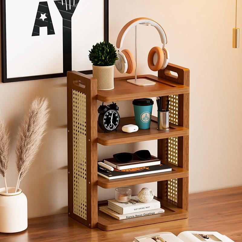 1pc Bamboo Desktop Organizer, Woven Style Bookshelf, Handheld Figure Display Rack, Cosmetic Holder, Cup Storage, Living Room Kitchen Use