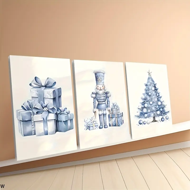 3 Sets Of Wooden Frame Christmas Canvas Wall Art Kits, Blue Holiday Decorations (With Prints Of Nutcracker And Christmas Tree), Seasonal Decorative Wooden Canvas That Can Be Hung Directly, Wrapped Canvas.