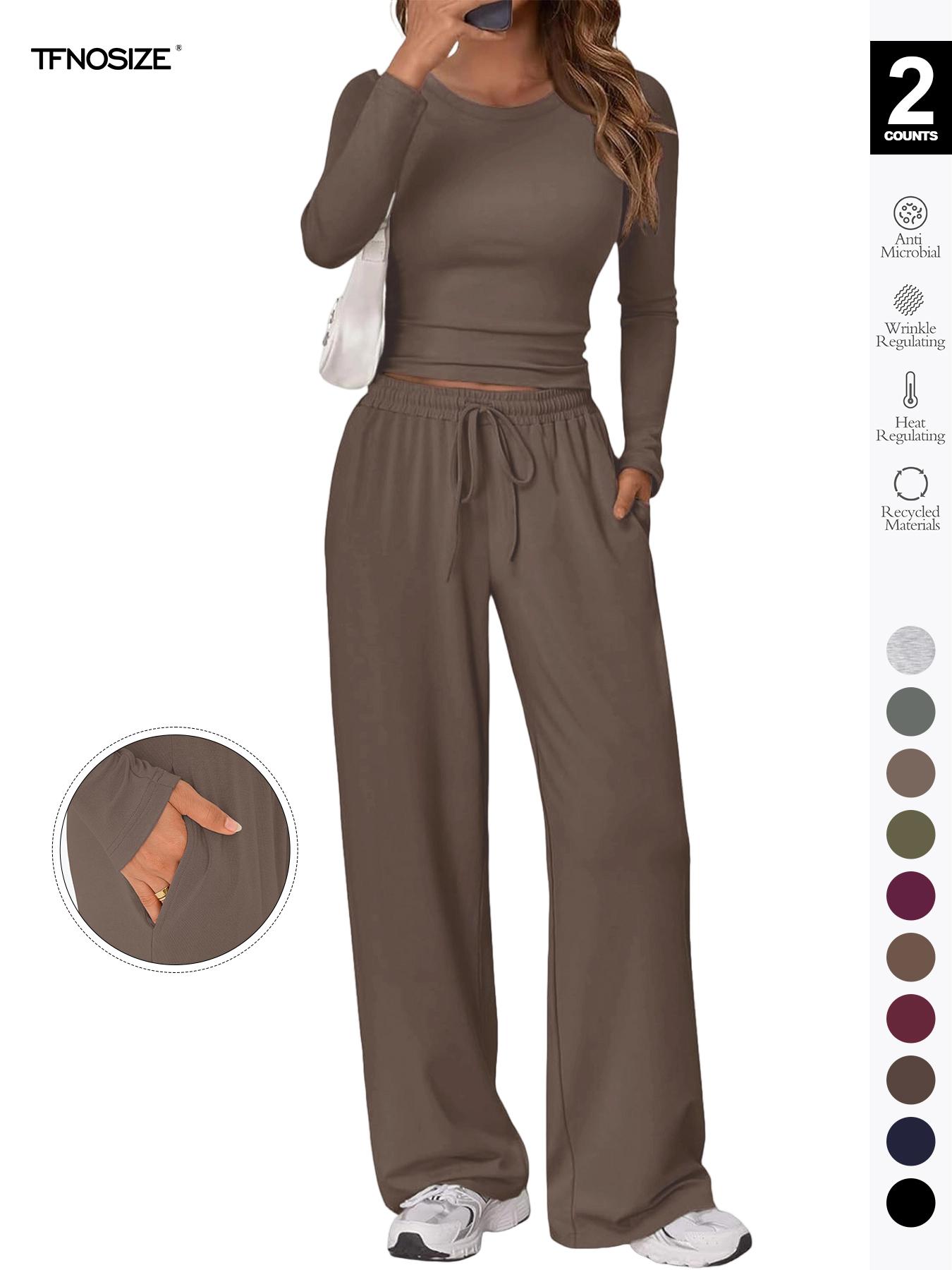Women's 2 Piece Matching Loungewear Set, Long Sleeve Slightly Crop Fitted Top & Wide Leg Drawstring Pants, Casual Sweatsuit for Fall & Winter