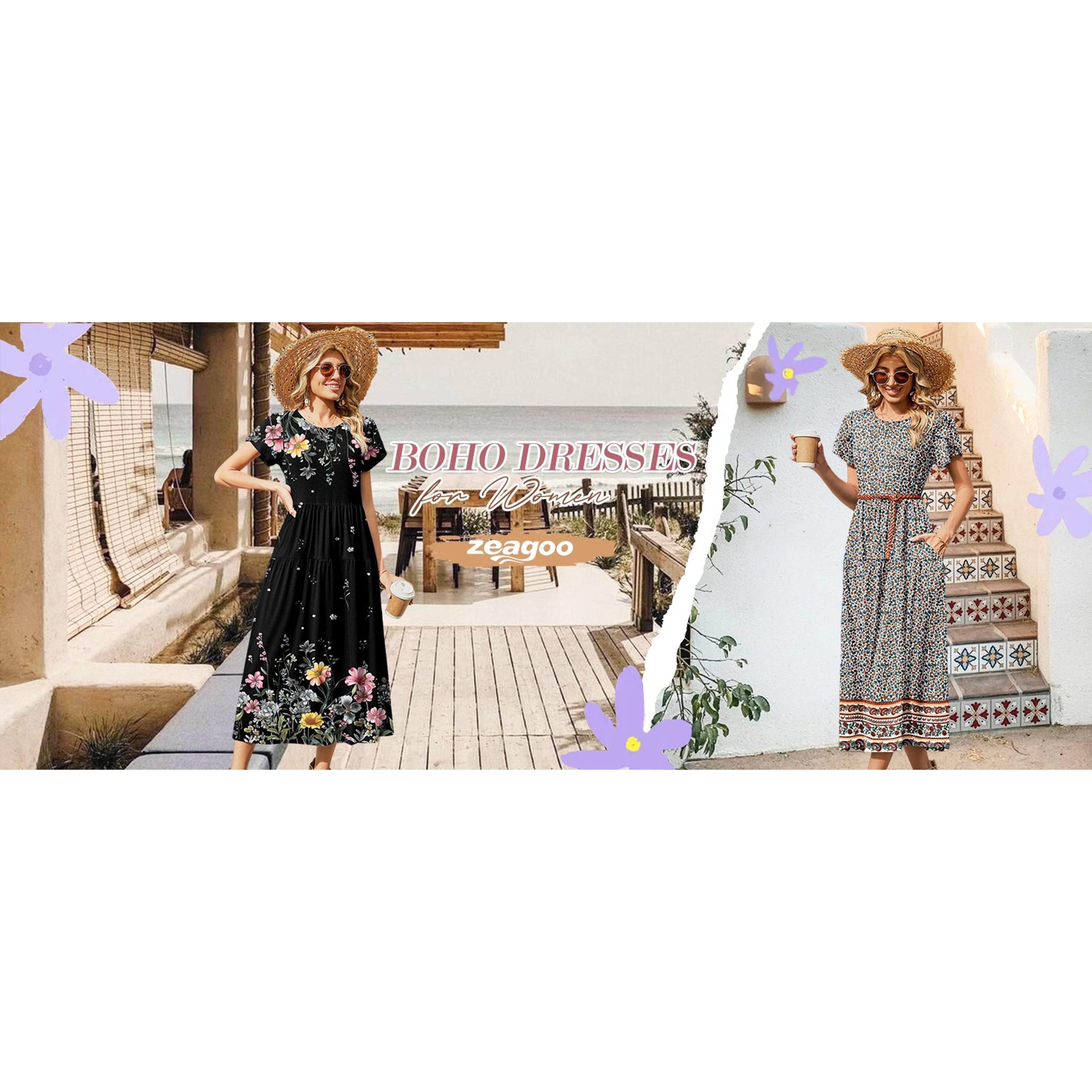 Summer Dresses for Women 2026 Maxi Bohemian Floral Short Sleeve Long Dress Casual Flowy Tiered Beach Sundress(Gift)
