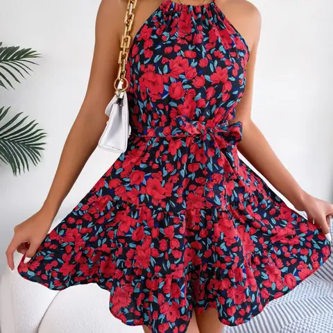 Women's Floral Print Ruffle Hem Belted Dress, Boho Sleeveless Halter Neck A Line Short Dress for Summer Beach Holiday Vacation, Ladies Clothes, Casual Chic Dress, Boho Fashion Dress, Bohemian, Casual Boho Style