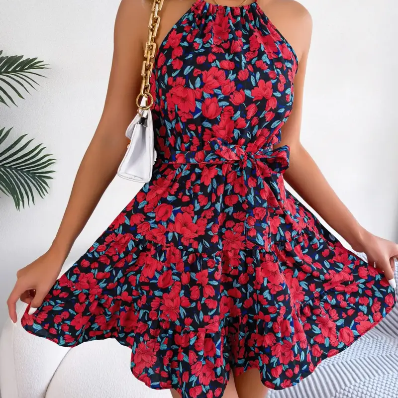 Women's Floral Print Ruffle Hem Belted Dress, Boho Sleeveless Halter Neck A Line Short Dress for Summer Beach Holiday Vacation, Ladies Clothes, Casual Chic Dress, Boho Fashion Dress, Bohemian, Casual Boho Style