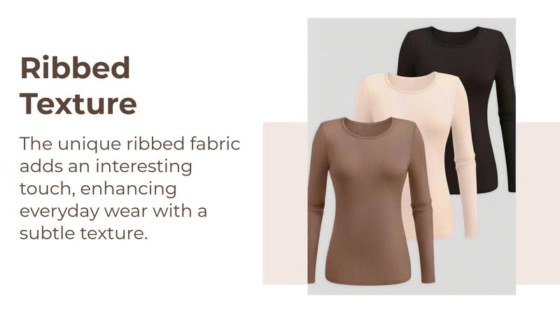Women's Casual Slim-Fit Long Sleeve T-Shirts, 3-Pack Plain Ribbed Round Neck Tops, Medium Stretch, Perfect for Spring & Fall
