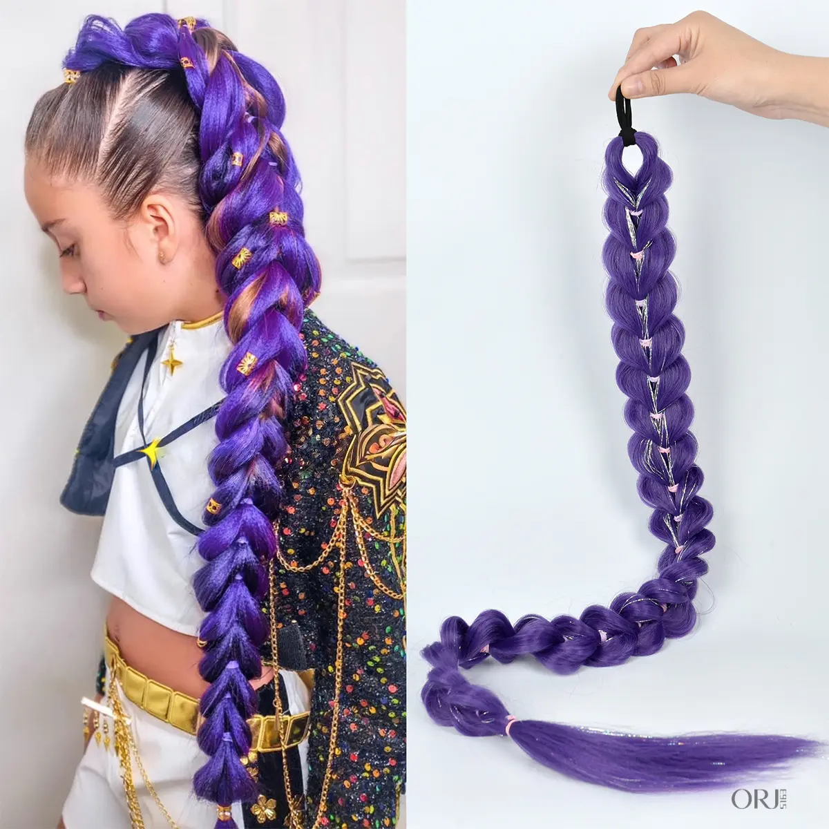 Purple Gradient Braided Ponytail Hair Extension for Kids, Bubble Braid Clip‑In Hairpiece for Girls