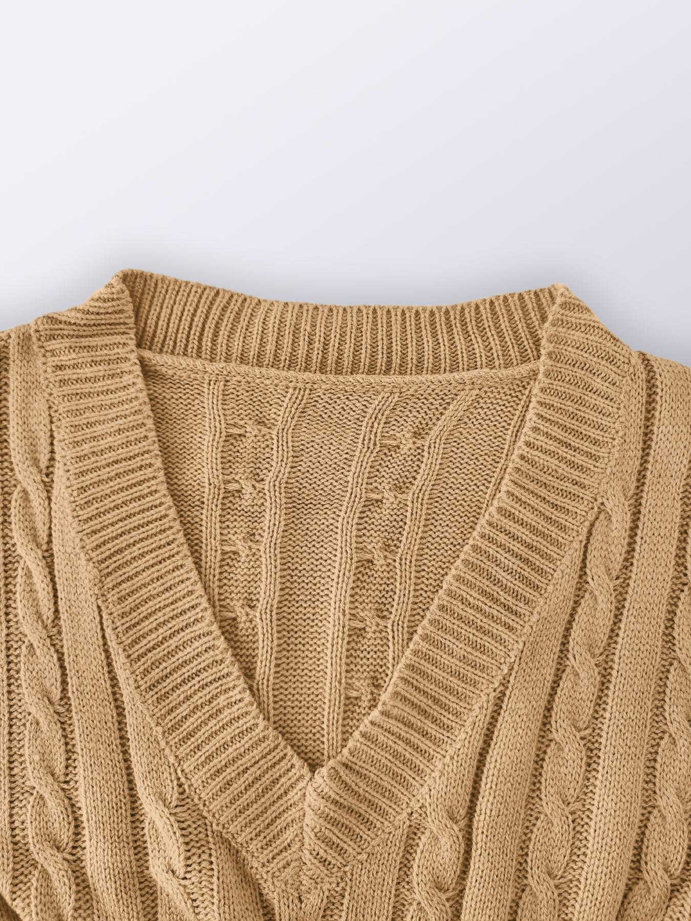 Women's Basic Comfort Solid Textured Drop Shoulder Sweater Dress, Lady's Lady Long Sleeve V Neck Cable Knit Dress, Casual Chic Dress