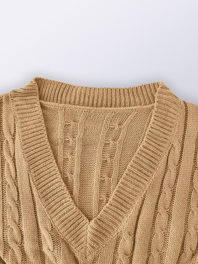 Women's Basic Comfort Solid Textured Drop Shoulder Sweater Dress, Lady's Lady Long Sleeve V Neck Cable Knit Dress, Casual Chic Dress