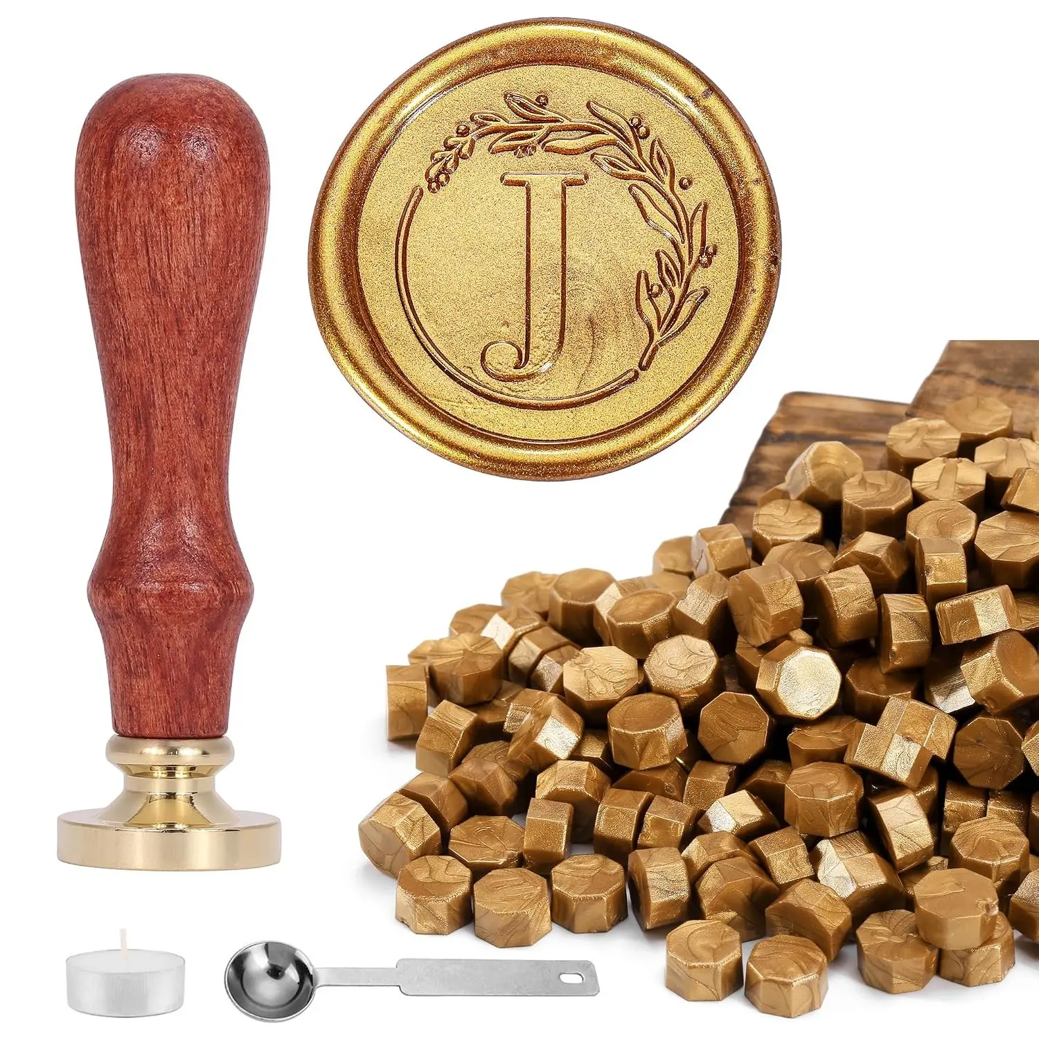 Vintage Letter J with Wreath Wax Seal Stamp Kit with 120 Antique Gold Wax Seal Beads