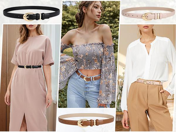 JASGOOD Women Leather Belt for Jeans Pants Fashion Ladies Skinny Faux Leather Belt with Gold Buckle