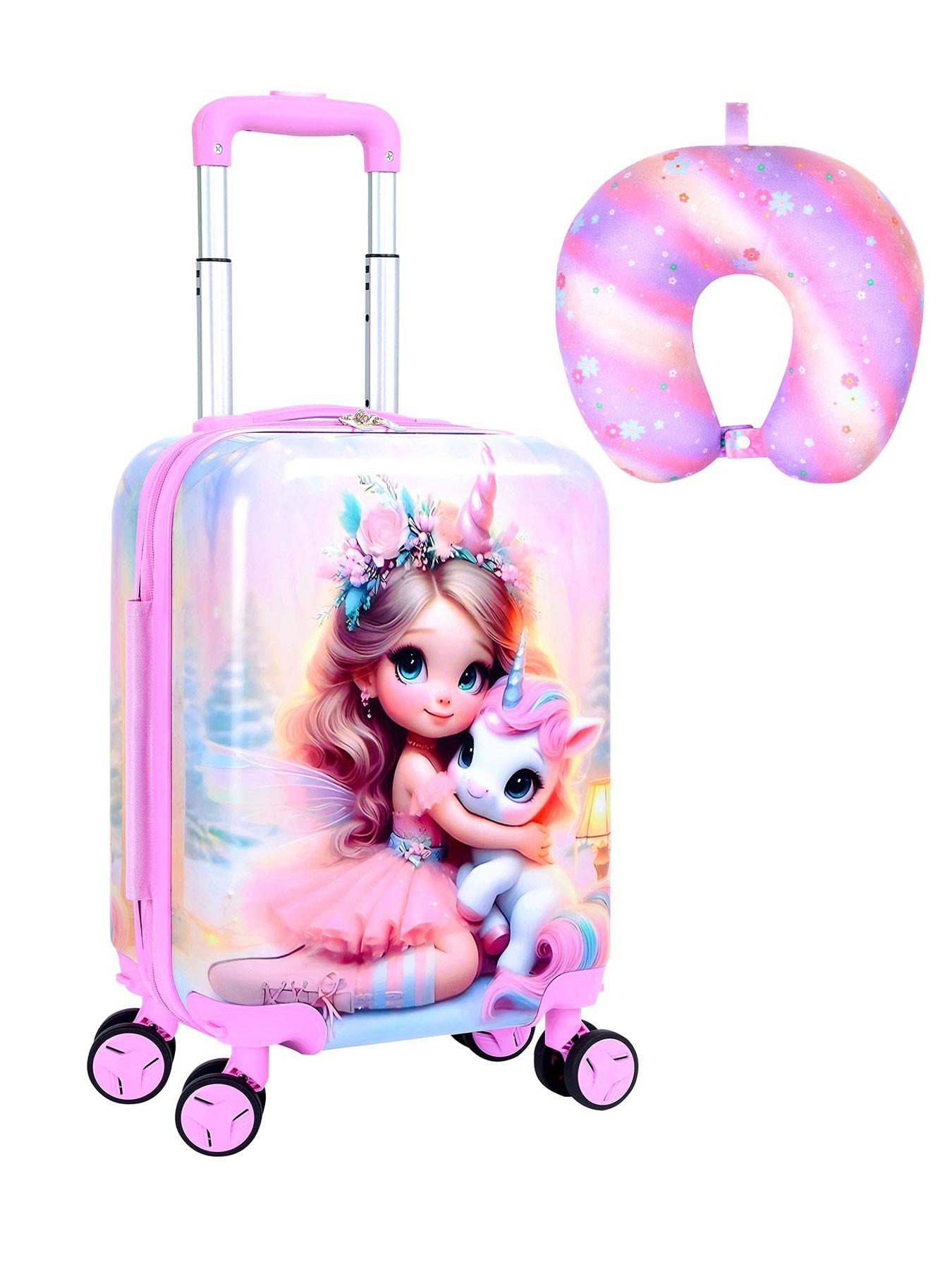 1 Set Kids Luggage Set, Cute Princess & Unicorn Print Hard Shell Suitcase with U-Shaped Neck Pillow, Lightweight Rolling Carry On Luggage for Girls, Travel Trolley Case for School Trip, Vacation, Airplane
