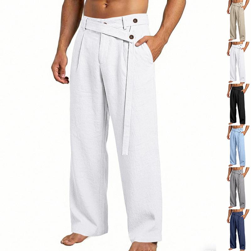 Men's 2026 Spring Summer Plain Linen-Cotton Fabric Wide Leg Trouser, Irregular Cross Buckle Waist, Loose Fit for Big-Tall Menswear, Ideal for Beach Vacation & Daily Commute (Polyester-Blended Option Available)