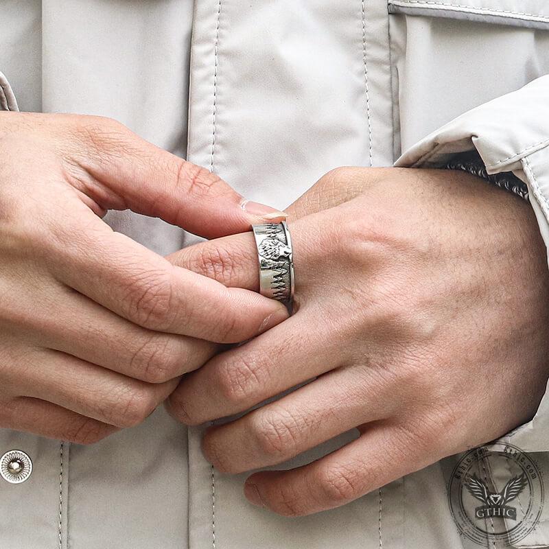 GTHIC Unisex Howling Lone Wolf Stainless Steel Ring Forest Pattern For Daily Wear Birthday Gift