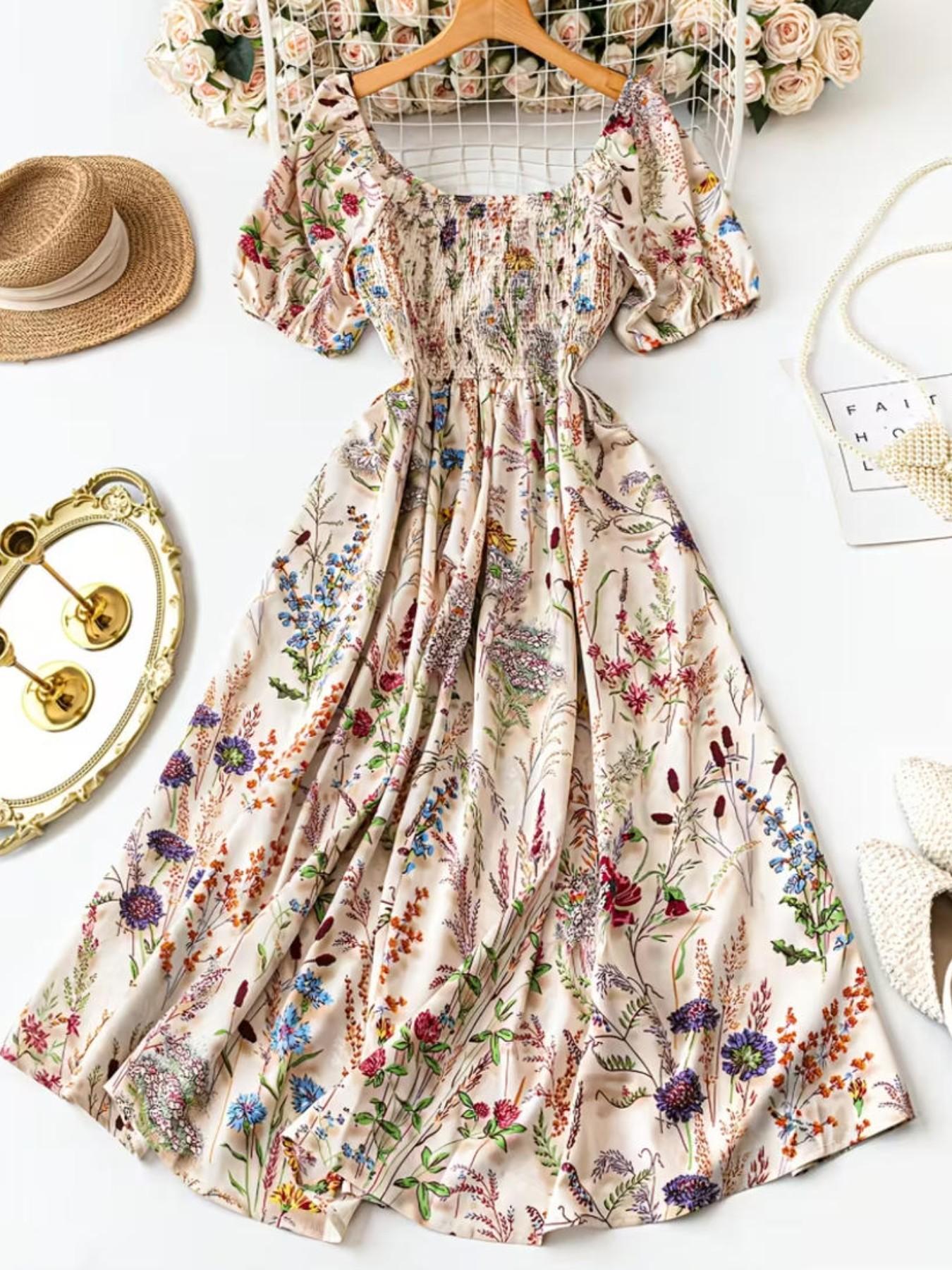 Elegant Floral Dress with Square Neck Design, Bow Back Belt, Casual Vacation Wear, Spring Summer Fall Fashion, Loose Comfortable Skirt