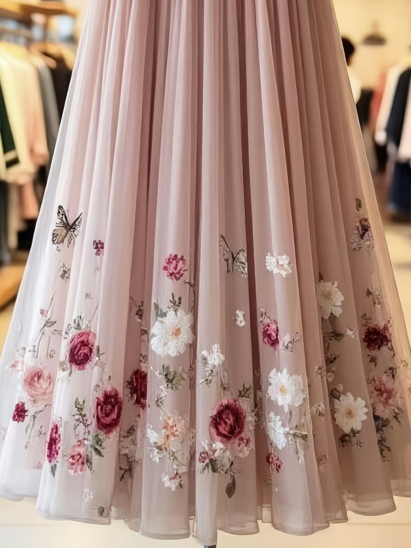 Elegant Rose Print Mesh Fitted Half Body Skirt, Long Floral Pattern Dress, Women's Fashion Clothing, Perfect for Parties & Special Occasions, Womenswear Bottoms