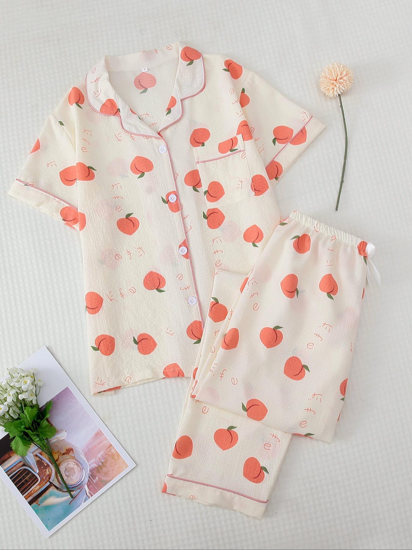 Two-Piece Set Women's All Over Print Pajama Set, Button Front Short Sleeve Shirt & Elastic Waist Pants Lounge Co-ord Set, Summer Outfits 2024, Lady Summer Homewear