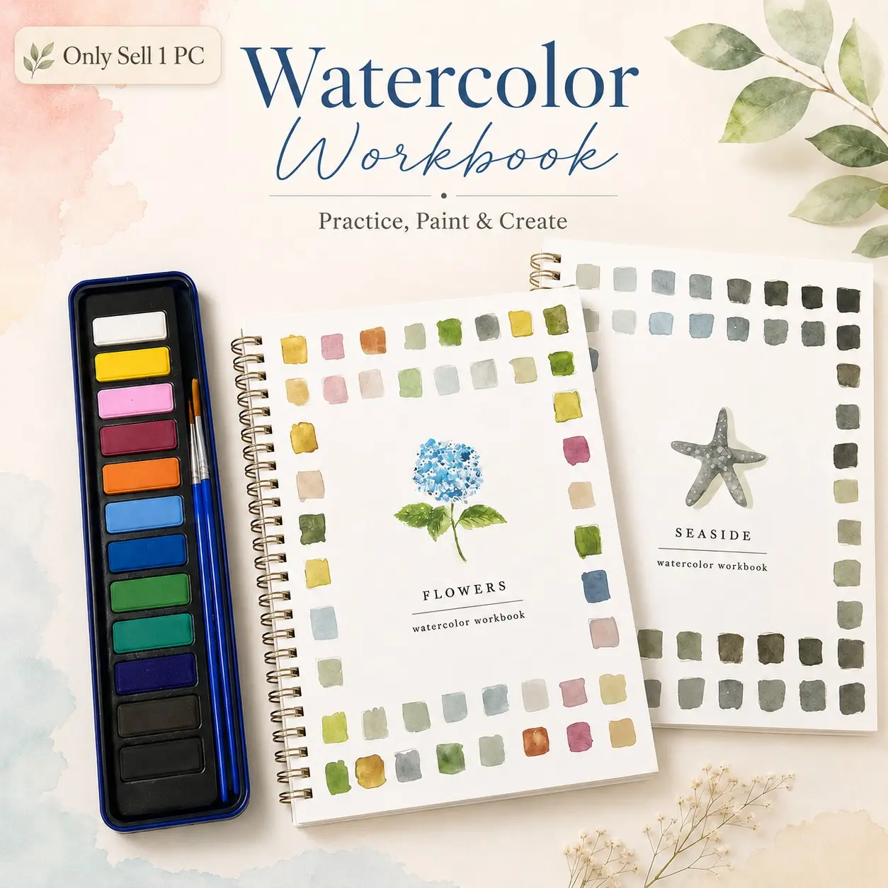 Watercolor Workbook for Beginners & Adults, Floral Painting Practice Book With Color Guides And Brush, Water Coloring Book With Sketched Templates For DIY Art Projects, Home Craft And Painting Practice