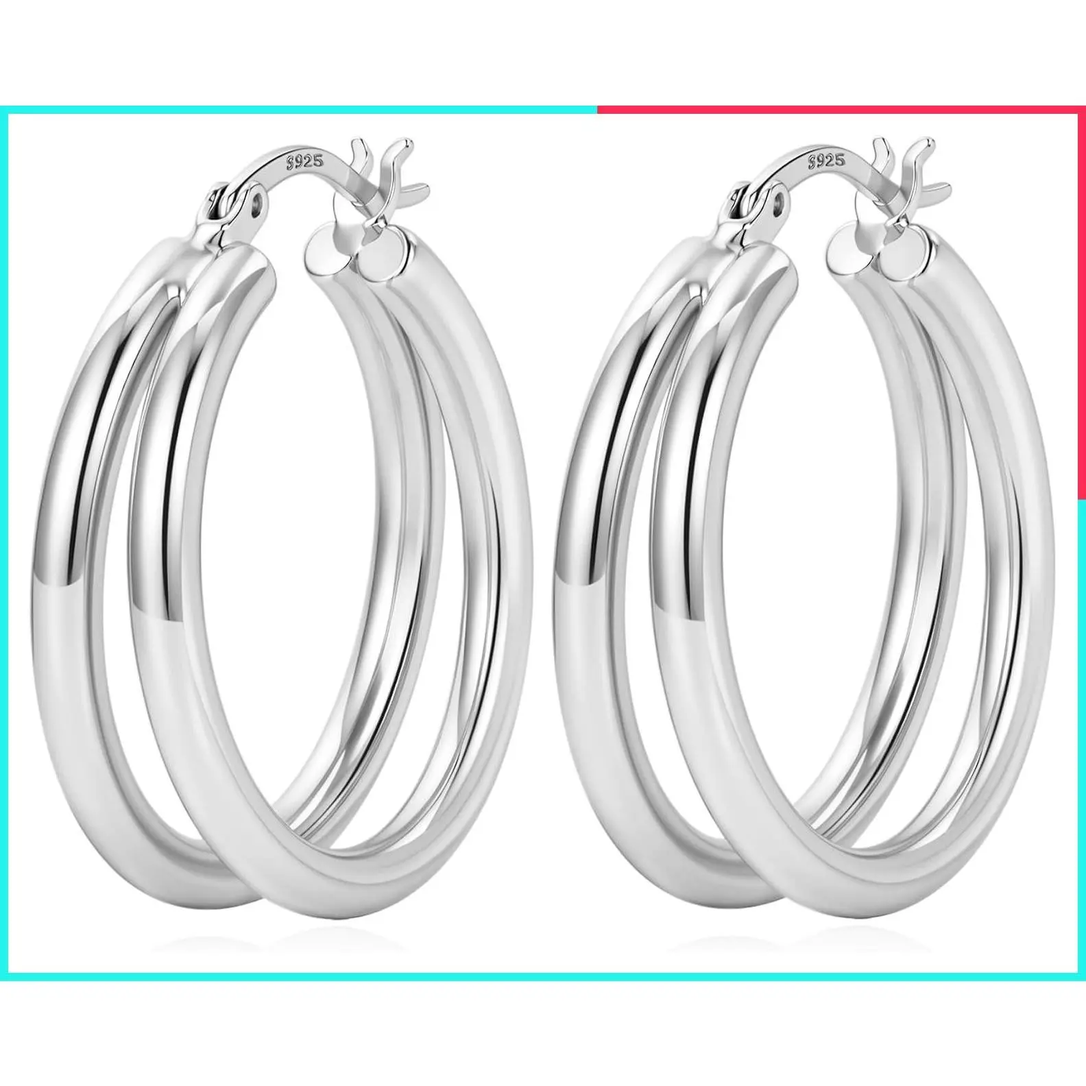 Chunky Double Hoop Earrings for Women - S925 Sterling Silver, Lightweight, Hypoallergenic, 14K Gold Plated