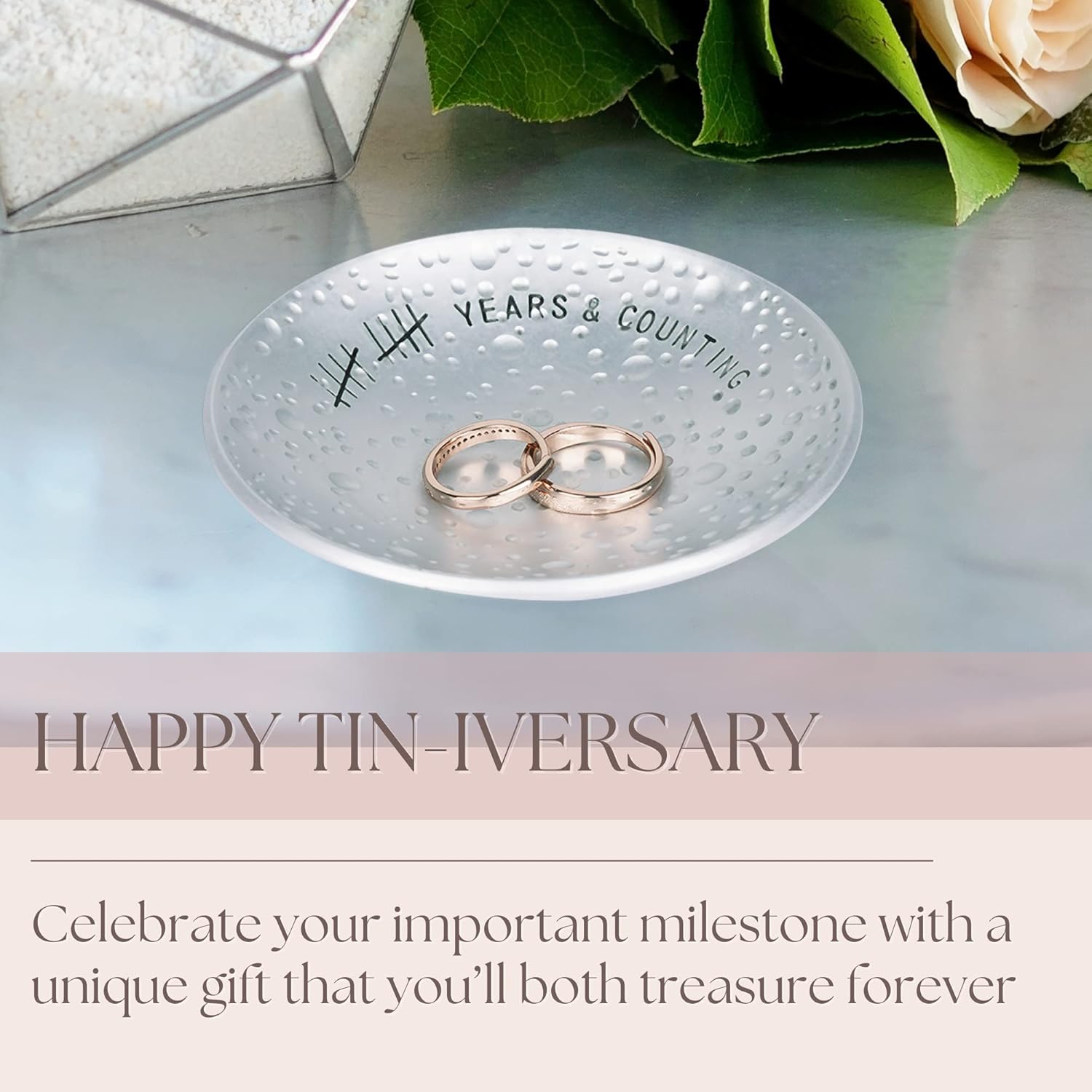 10th Anniversary Tin Gifts - 4 In., Engraved,  Wedding Ring Holder Dish &  Box - 10 Year Wedding  for Him & 10 Year Anniversary for Her Textured Style