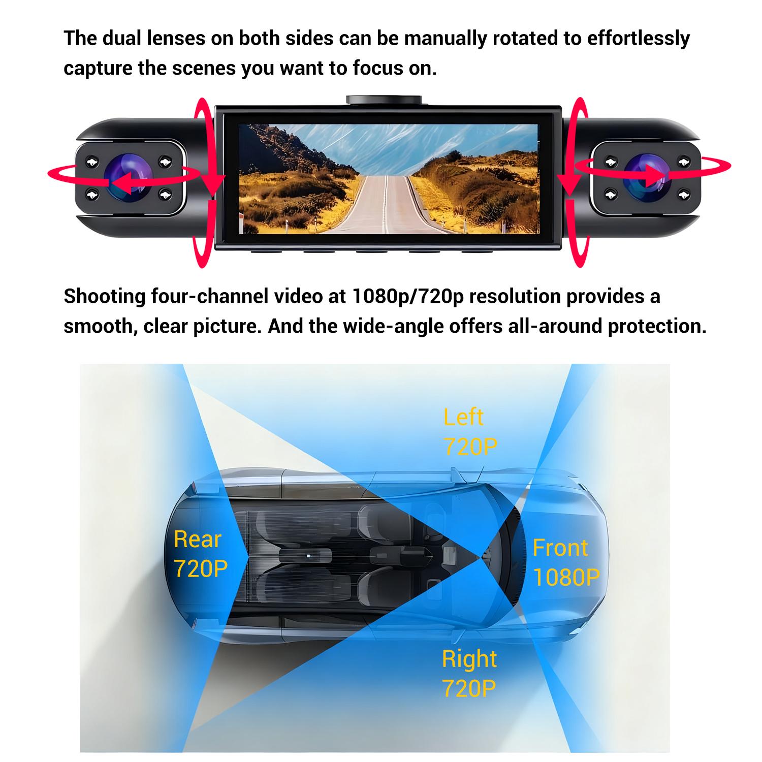 1080P Dash Cam with 3.16 Inch IPS Screen,  4-Lens Front, Rear, Left and Right, Wide Angle Traffic recorder with Loop Recording, G Sensor, Parking monitoring , Motion Detection for Universal Car Camera, HD Driving Recorder, Car Dashcam